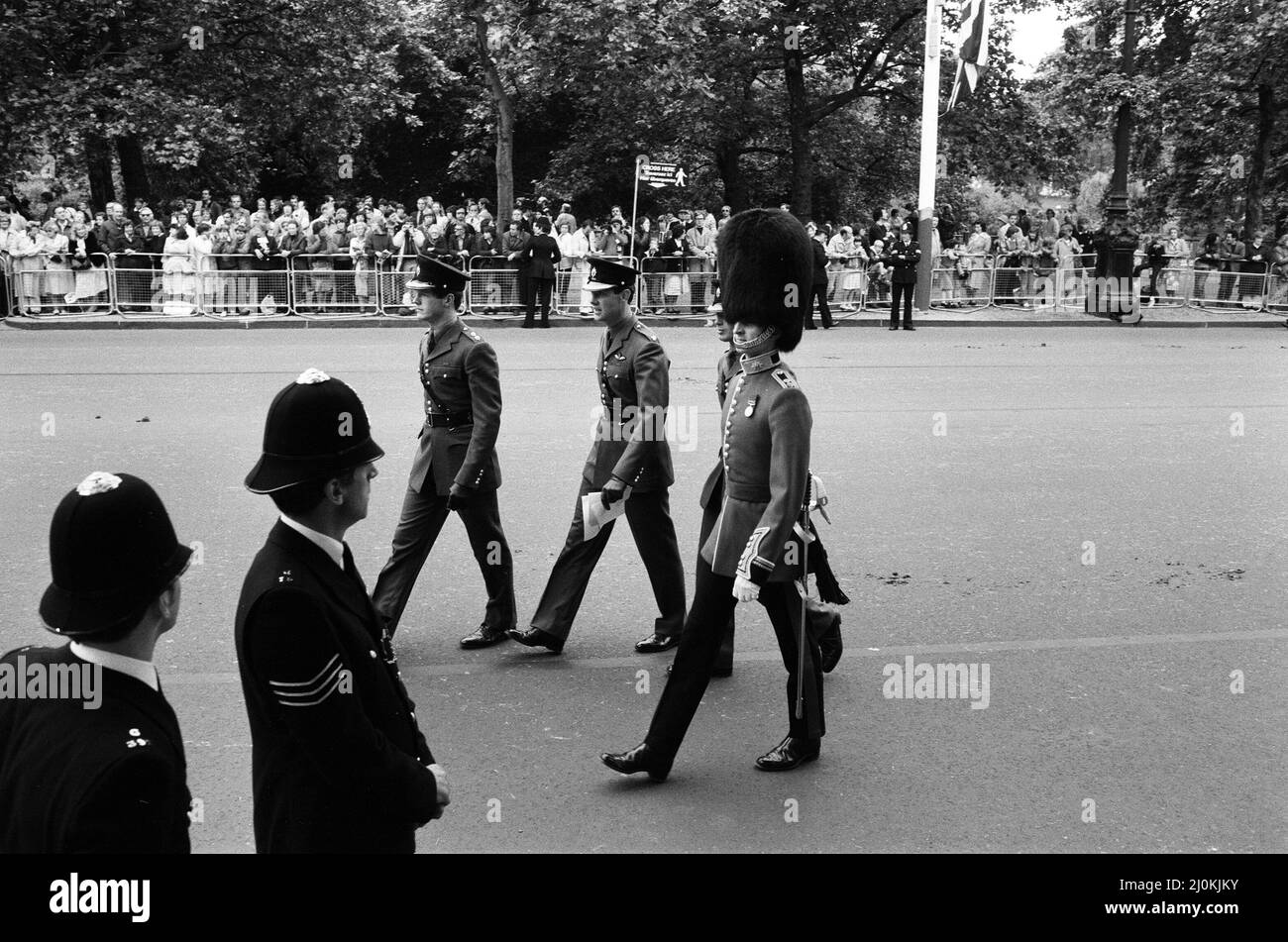 Scenes of great activity in The Mall as a rehearsal for the Royal Wedding takes place. 26th July 1981. Stock Photo