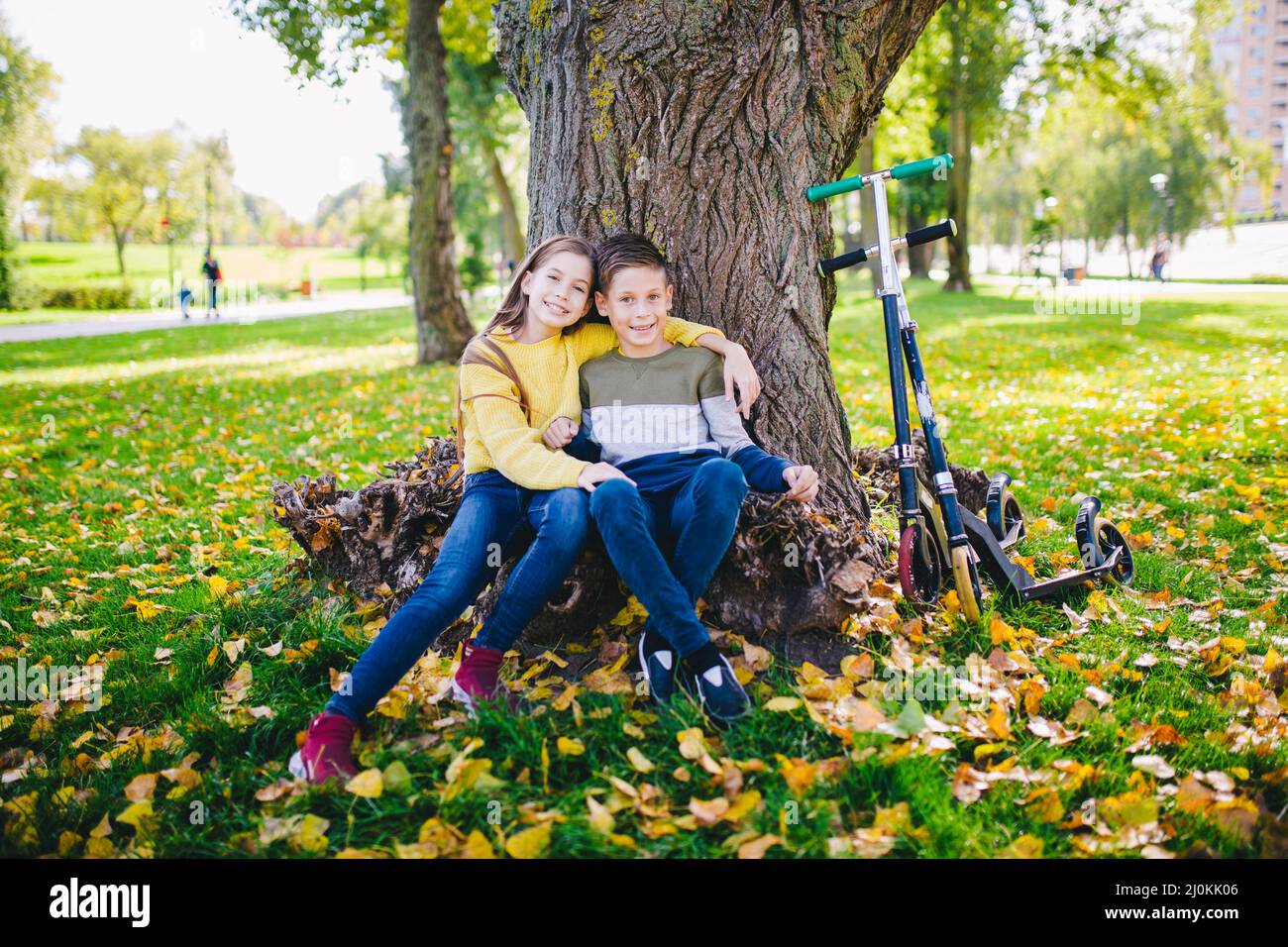 Friends kids posing happily sitting under a tree in an autumn park next to kick scooters. Happy children. Eco transport. Outdoor Stock Photo