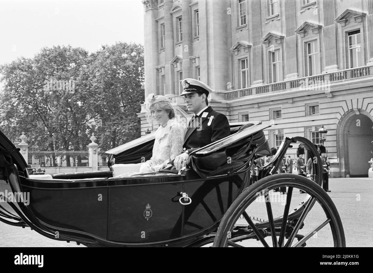 Lady Diana Spencer joins Prince Andrew in the carriage as they leave Buckingham Palace for her Diana's first ever Trooping of The Colour. On this occasion a 17-year-old man was arrested for shooting a replica gun at  Queen Elizabeth II as she rode past crowds on horseback. Marcus Serjeant pointed a pistol directly at the Queen as she turned down Horseguards' Parade for the start of the Trooping the Colour ceremony.  Picture taken 13th June 1981 Stock Photo