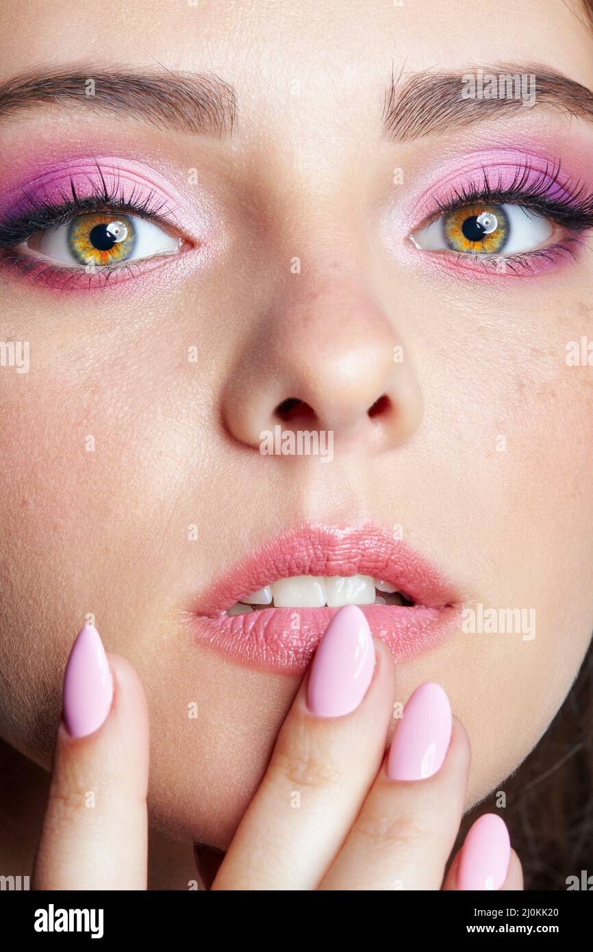Beauty portrait of young woman. Brunette girl with female makeup. Stock Photo