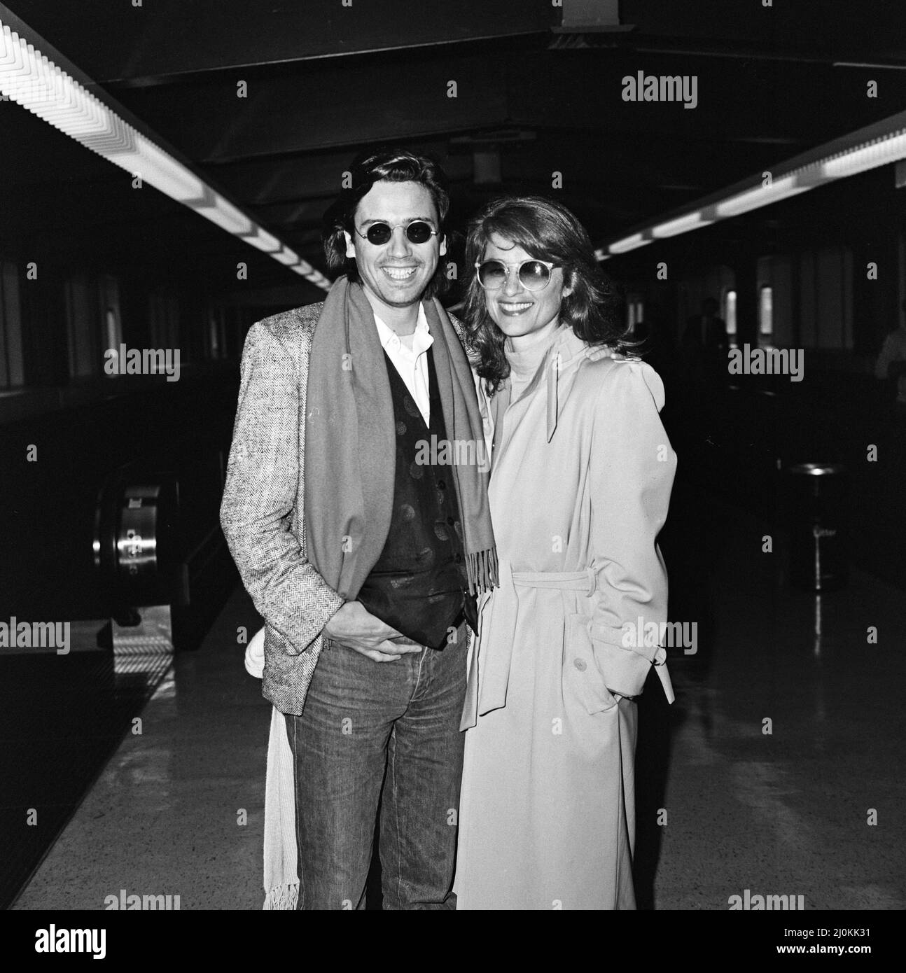 Charlotte Rampling and her husband Jean-Michel Jarre arriving at Heathrow Airport from Paris. They are here to promote Jean's latest book, film and record of his concert in China. 27th April 1982. Stock Photo