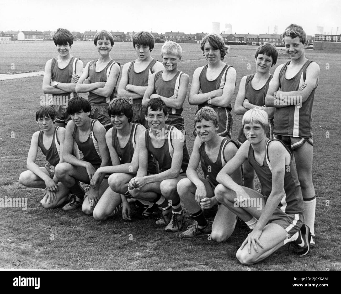 Brunner Comprehensive School, Billingham's second years boys' athletics team which is competing in the finals of the English Schools' Cup at Crewe tomorrow. BAck row from left; Gary Pearson, David Ollett, Gary Willis, Paul Garrett, Darren Whiteley, Andrew Day, Darren Cass. Front row: Tony Bowe, Peter Cass, Paul Beall, Norman Shute (captain), Philip Owens and David Cole. Also in the team but away when picture was taken is Michael Armstrong. 14th July 1982. Stock Photo
