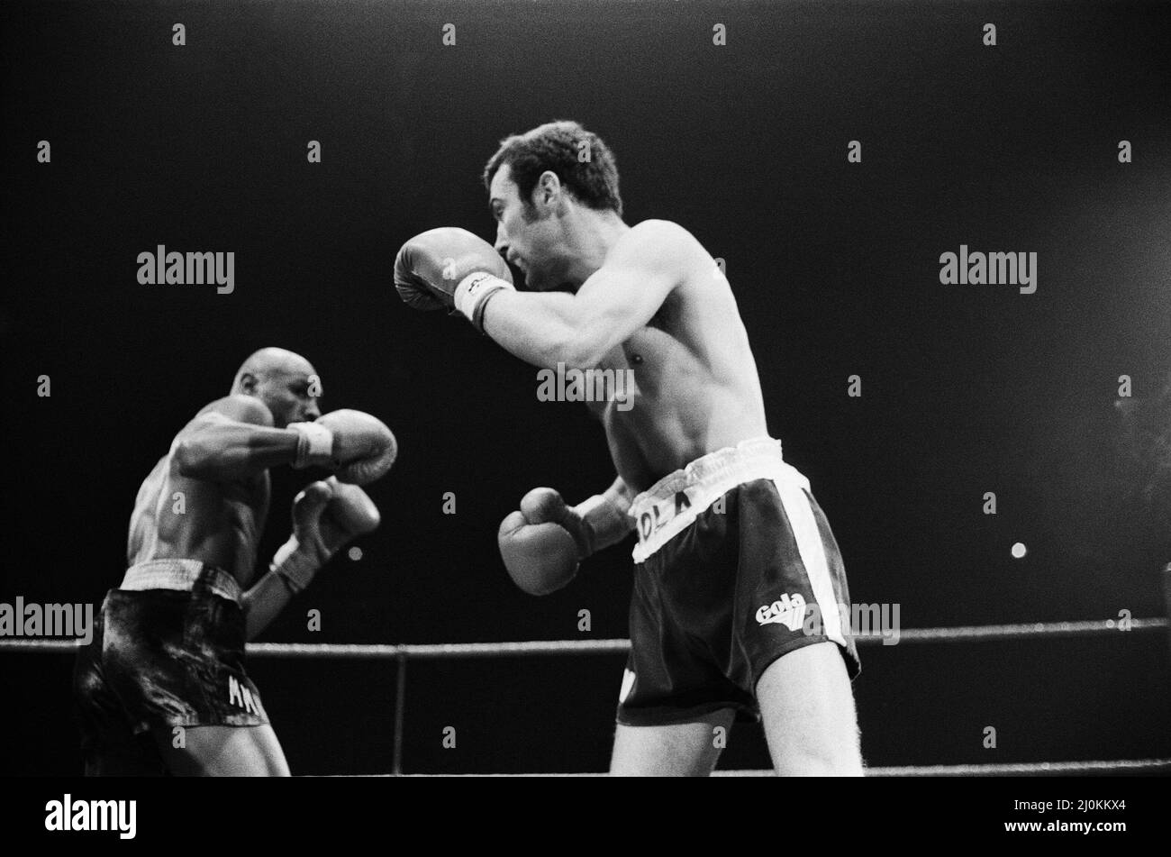 Alan Minter vs. Marvin Hagler, WBA and WBC world middleweight title fight, Wembley Arena, London, England.This was a grudge match in which Hagler won by TKO in the third round. Hagler went six years undefeated before losing his titles to Sugar Ray Leonard in 1987. (Picture Shows) Fight action. 27th September 1980 Stock Photo