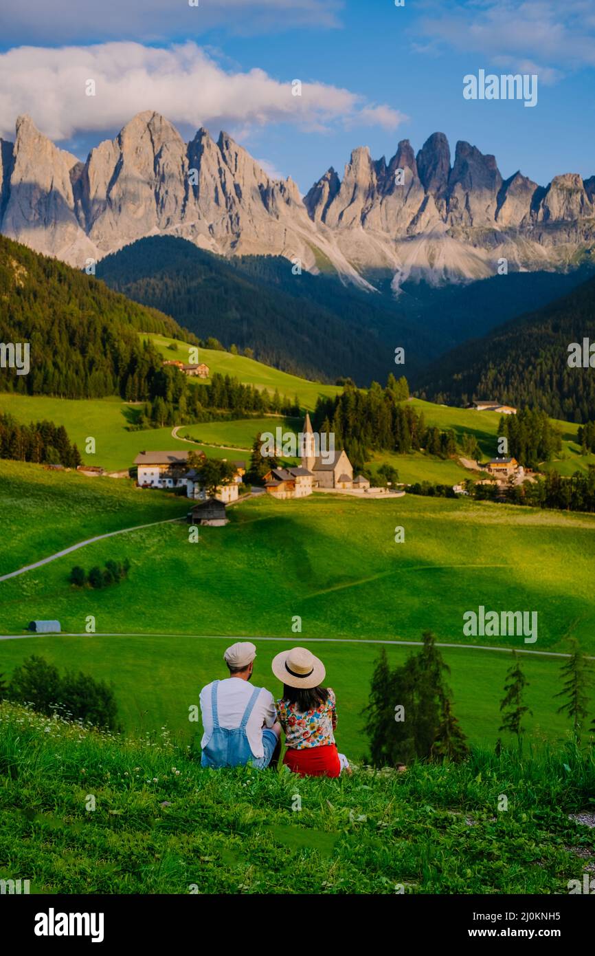 Wonderful landscape from Santa Maddalena Village in Dolomites Italy, Santa Magdalena village magical Dolomites mountains, Val di Stock Photo