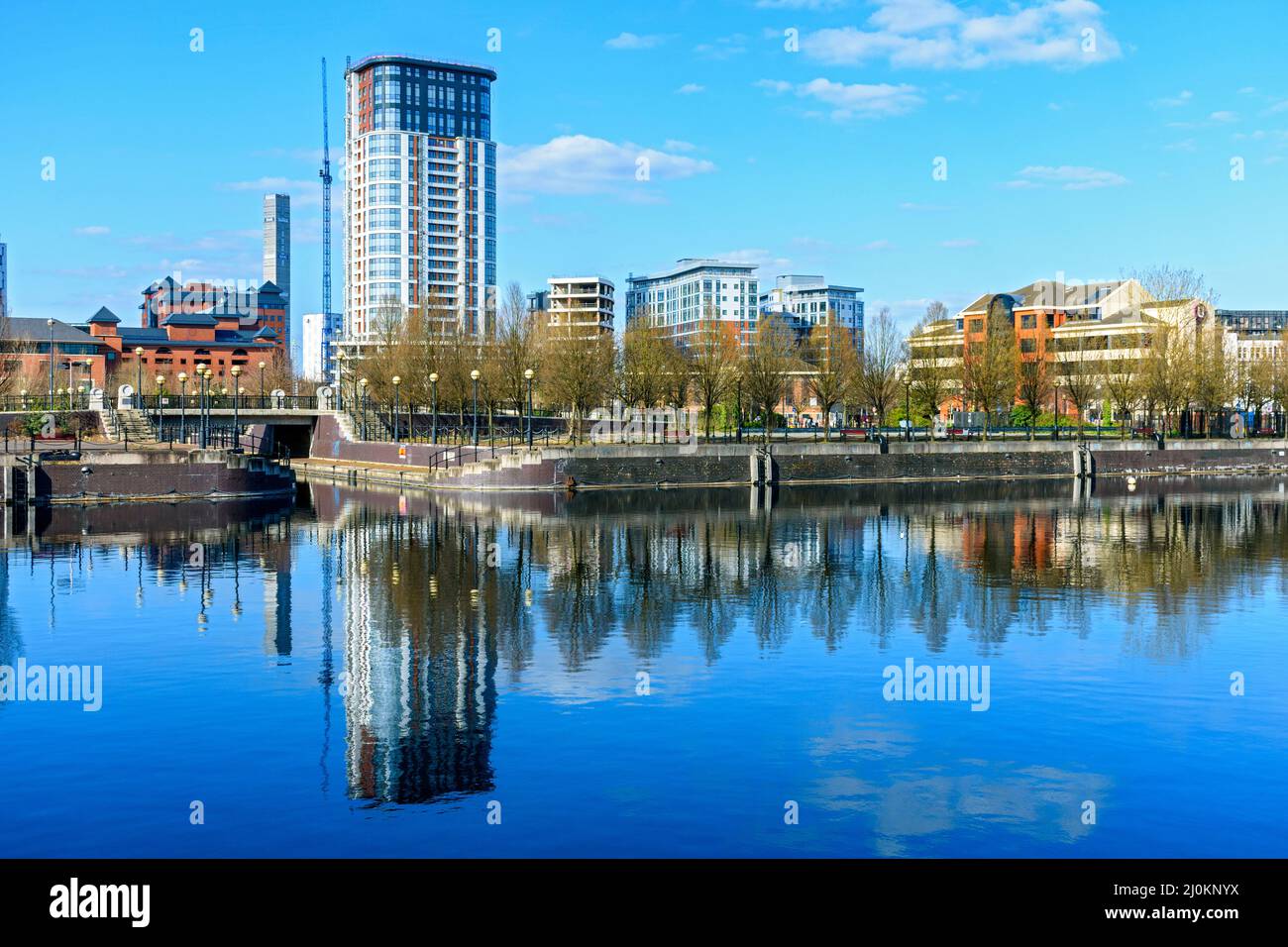 The Fortis Quay (Northill Apartments) block, over Salford Quays. Salford, Manchester, England, UK Stock Photo