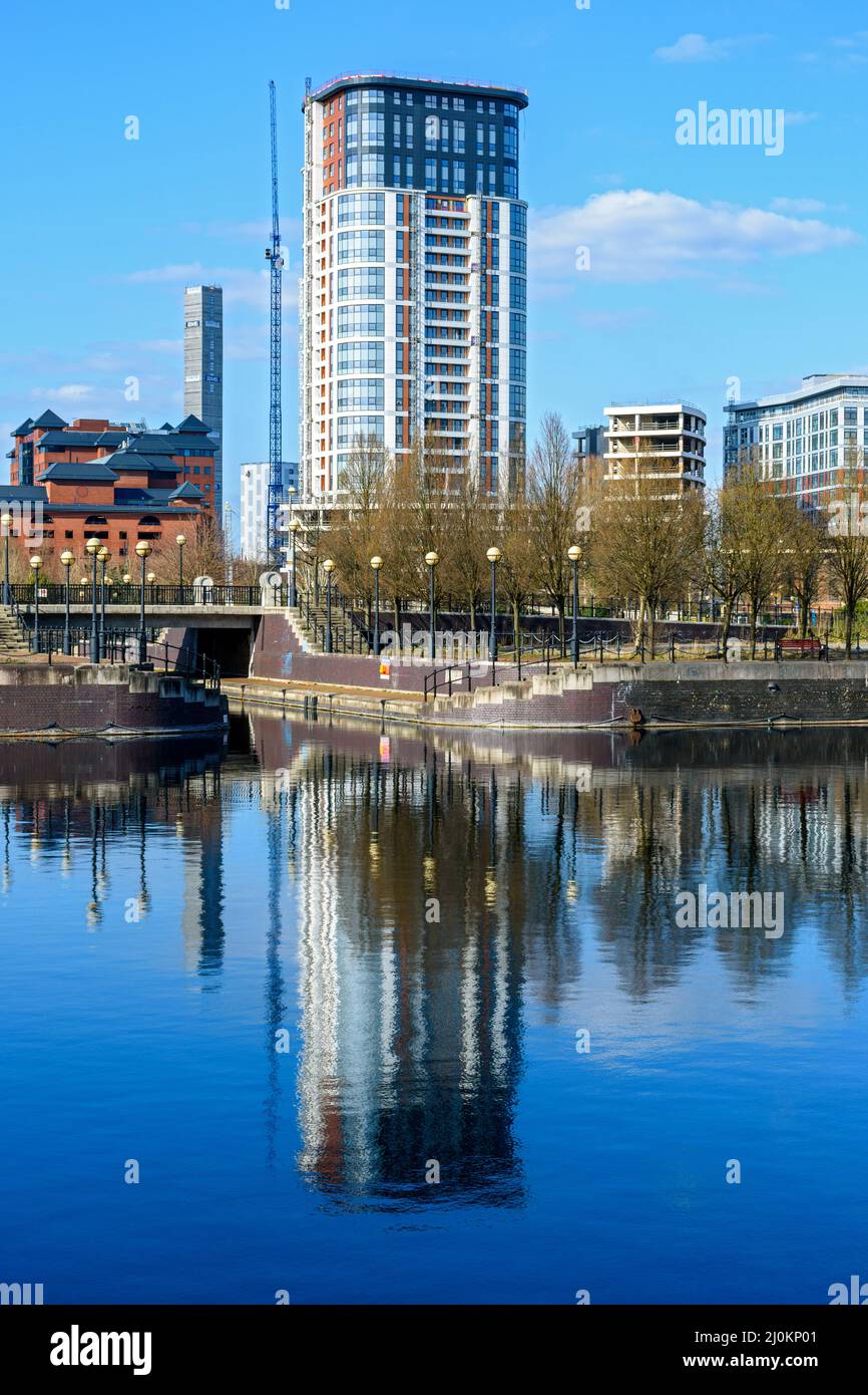 The Fortis Quay (Northill Apartments) block, over Salford Quays. Salford, Manchester, England, UK Stock Photo