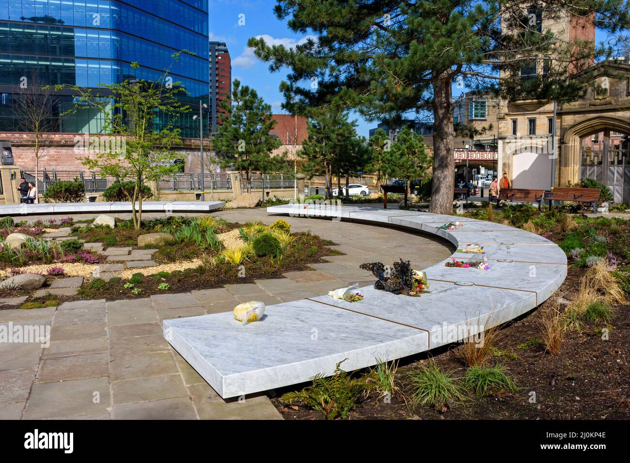 The Glade of Light Memorial Garden, Manchester, England, UK.  Commemorates the 22 victims of the Manchester Arena terrorist bombing of May 2017. Stock Photo