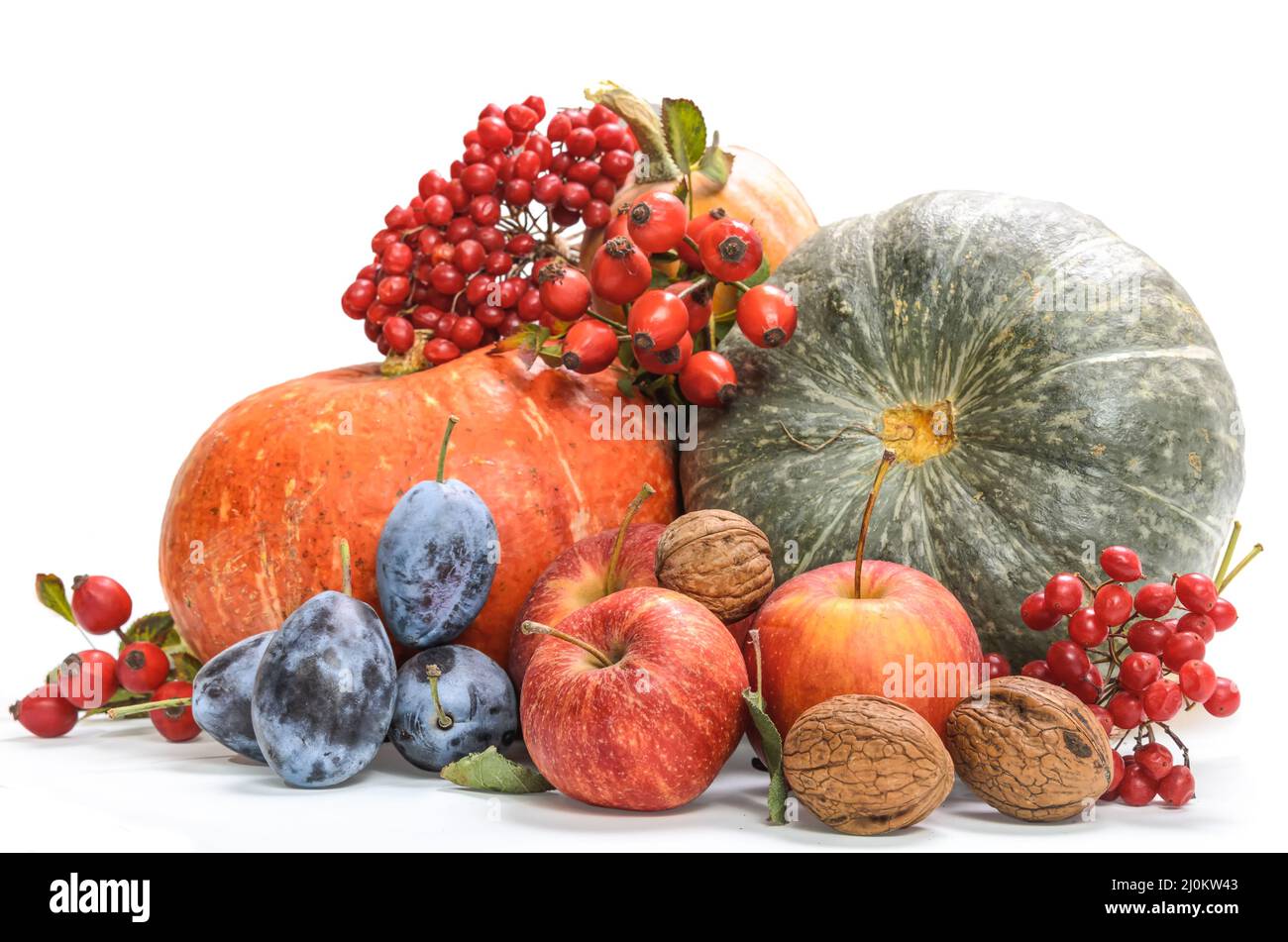 Pumpkin and other fruits on white background with soft shadow Stock Photo