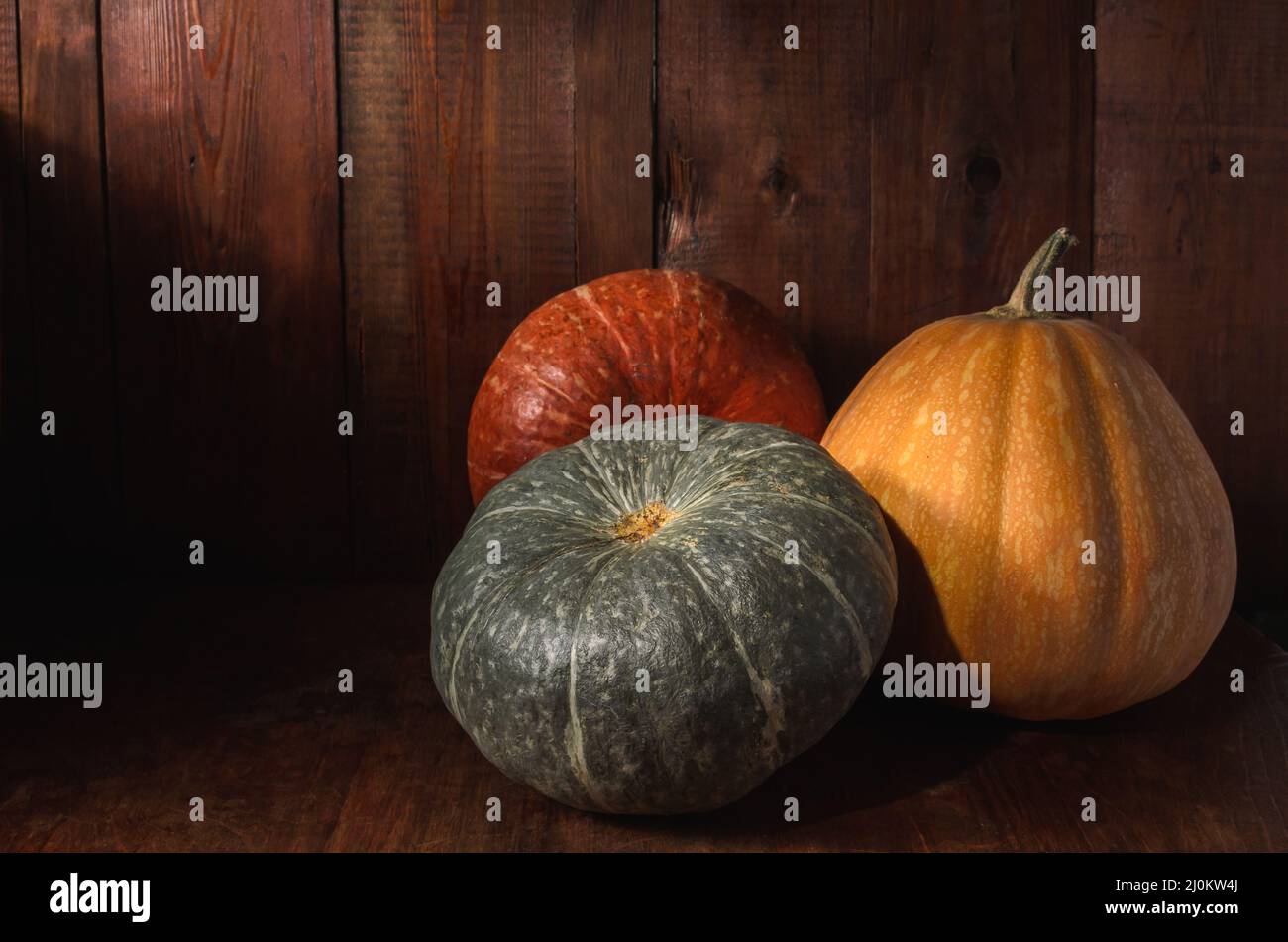 Group of pumpkins on a dark wooden background in rustic style Stock Photo