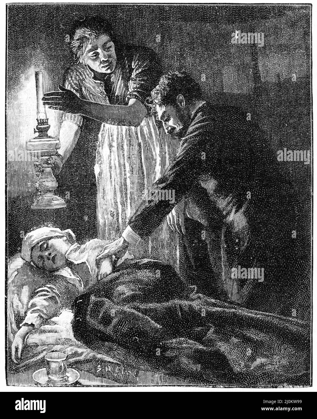 Engraving of a doctor treating a girl sick in bed Stock Photo