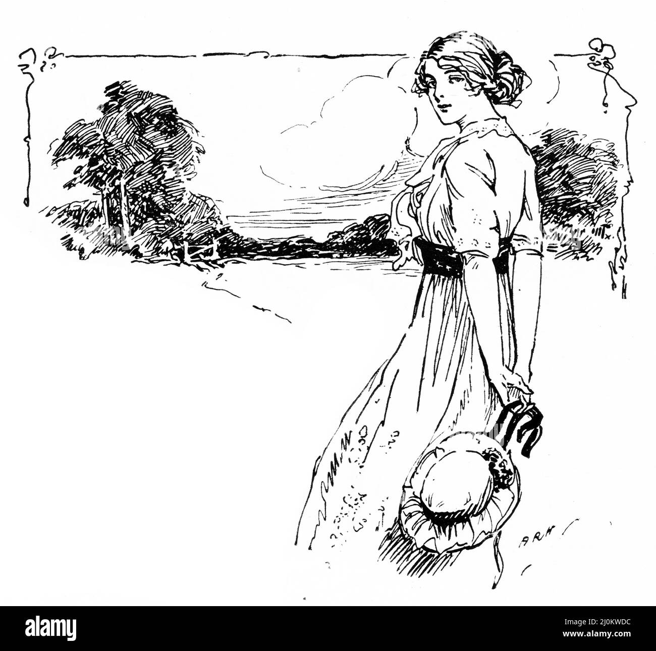 Illustration of a young woman in the park, circa early 1900s Stock Photo