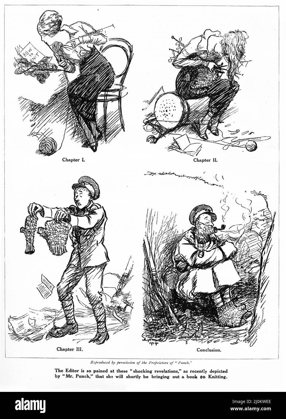 Engraving of the ladies' knitting efforts during World War One. From Punch magazine, and reproduced in a woman's journal with the note that the editor is going to publish a book on knitting. Stock Photo