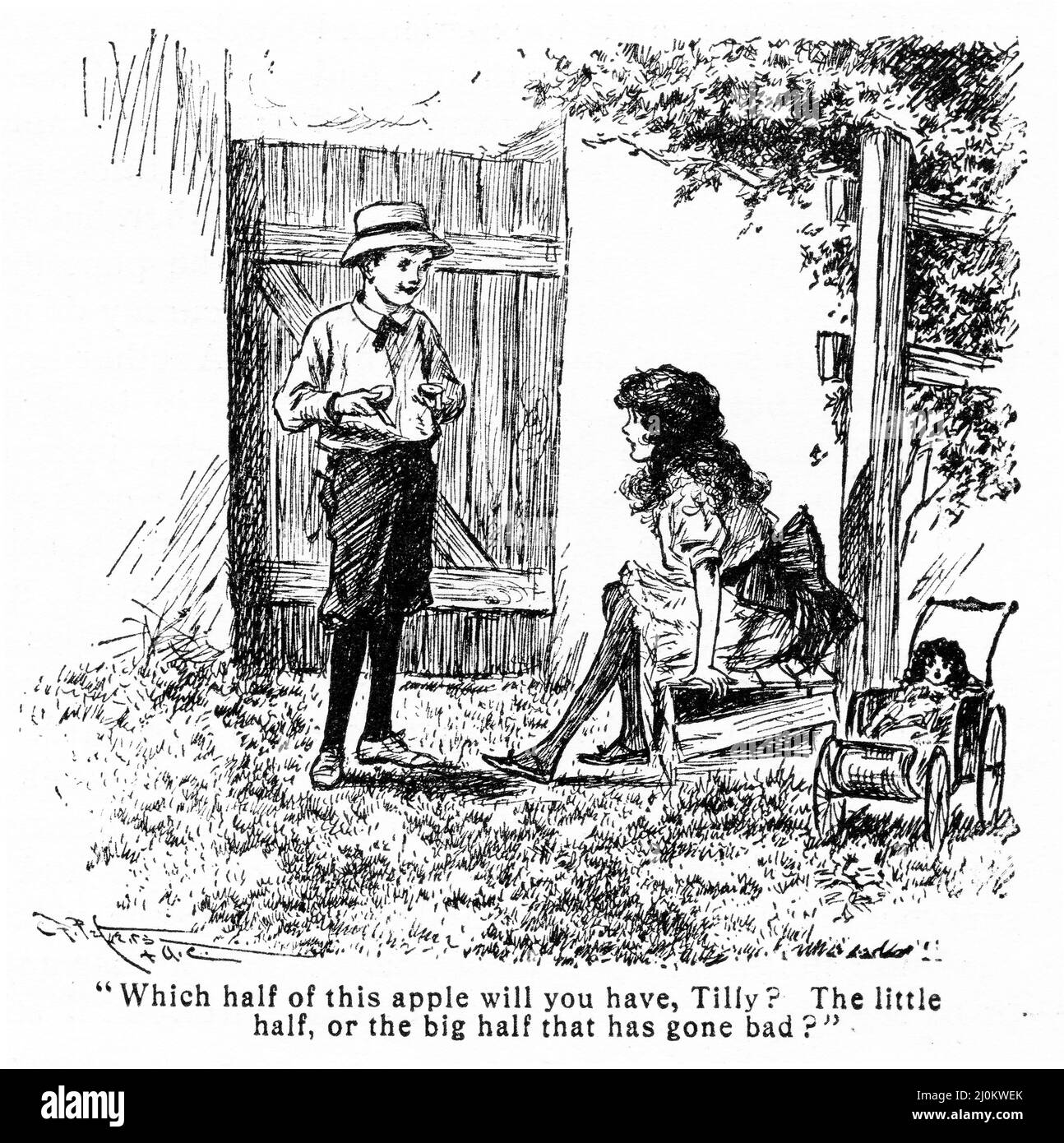 Engraving of a boy offering his sister the bad half of an apple. From Punch magazine circa 1914. Stock Photo