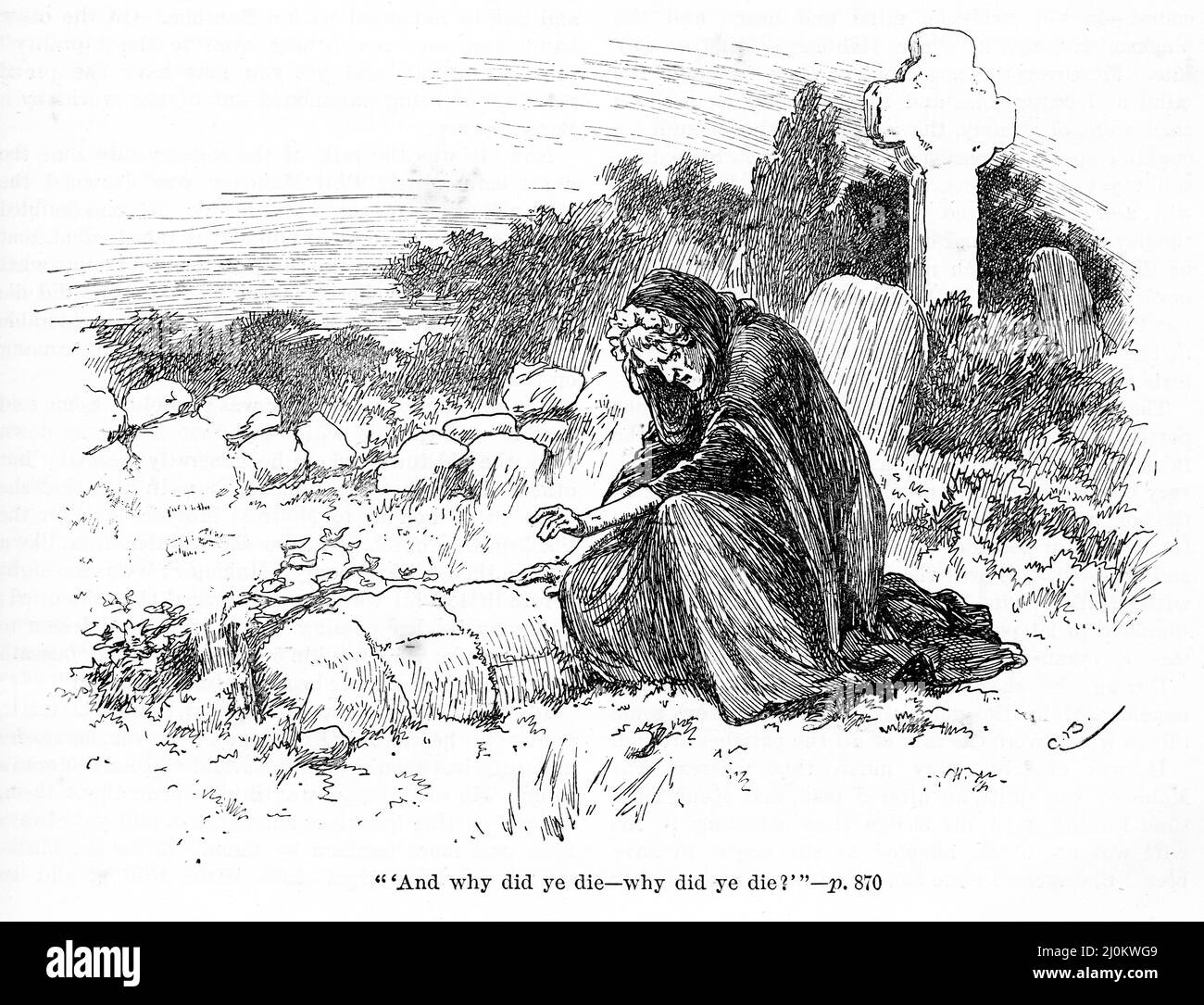 Engraving of an elderly woman mourning at a fresh grave in a cemetery, circa 1890 Stock Photo
