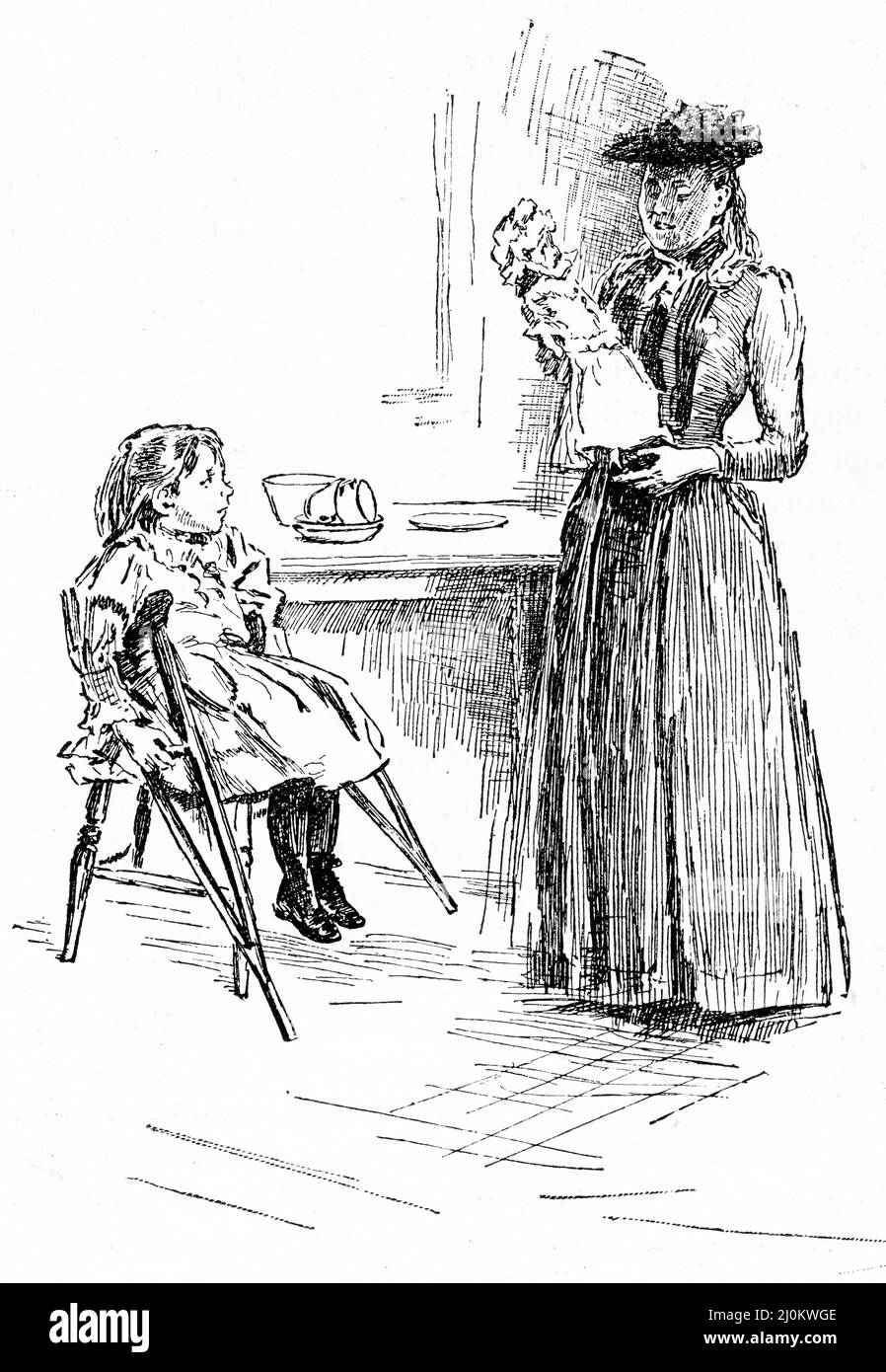 Engraving of a young woman visiting a crippled girl, circa 1890 Stock Photo