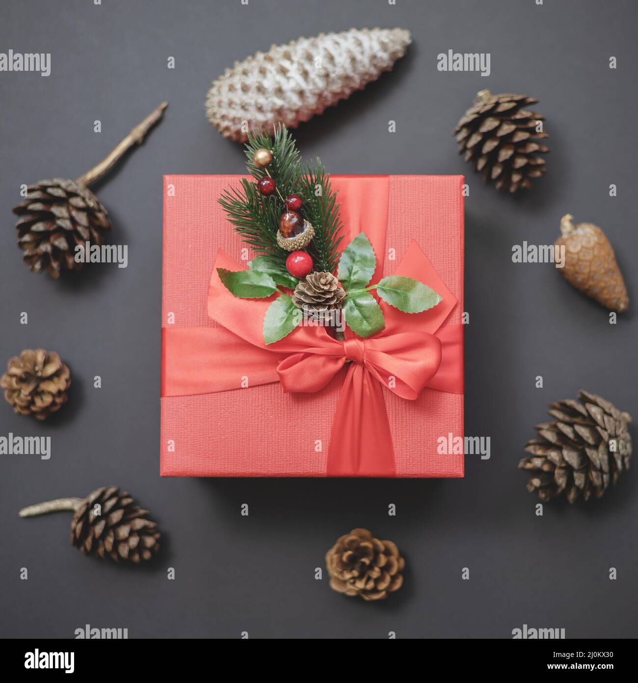 A red square gift box decorated with a coniferous twig lies among fir and pine cones on a dark background. Christmas composition Stock Photo