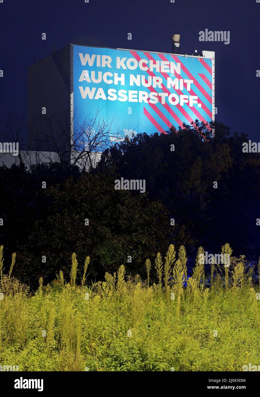 Large poster on the A 40 motorway for climatic steel at the ThyssenKrupp Steel Europe plant, Bochum Stock Photo