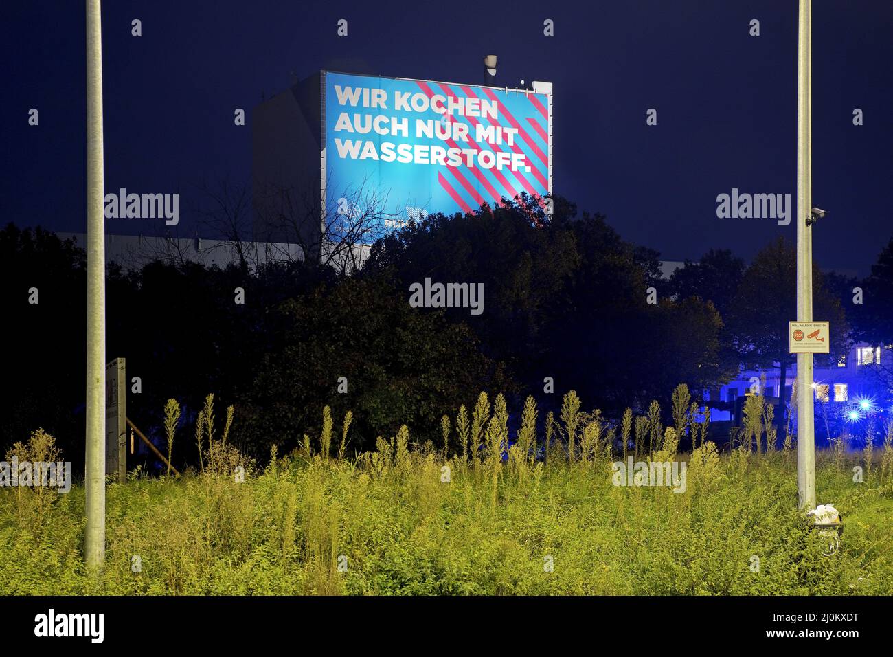 Large poster on the A 40 motorway for climatic steel at the ThyssenKrupp Steel Europe plant, Bochum Stock Photo