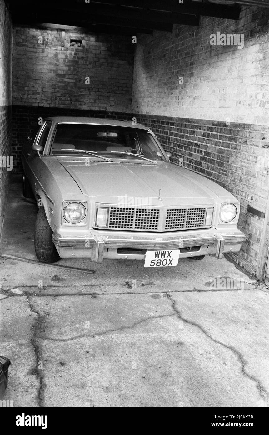 A man was shot dead by two hooded killers in East London. The victim was 31 year old Nicholas Gerard who was acquitted of murder two years ago along with Ronnie Knight. Pictured, the murder victim's Oldsmobile (Omega) car in the Forest Gate police garage. 26th June 1982. Stock Photo