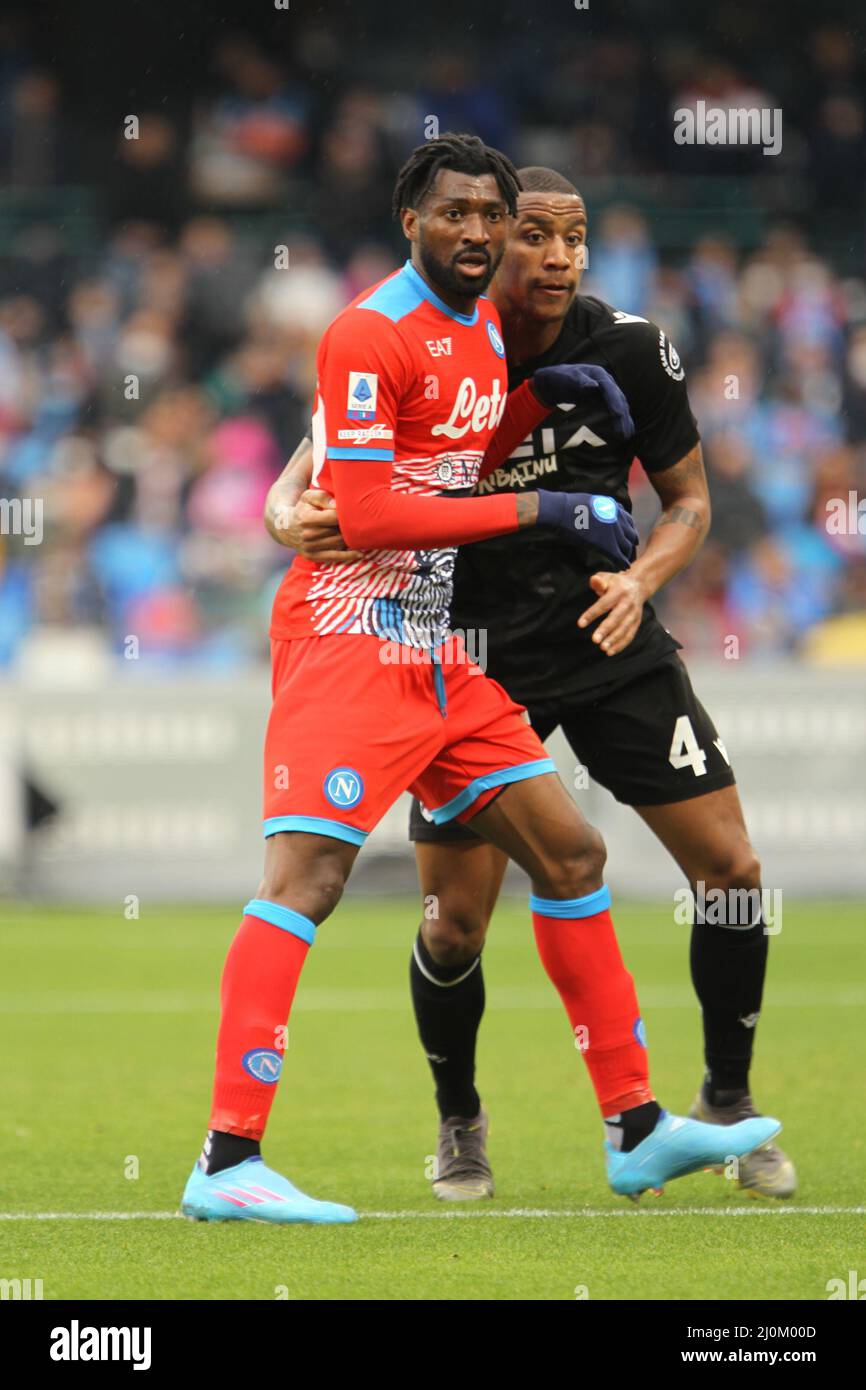 March 19, 2022, Napoli, Campania/Napoli, Italy: Action during soccer match between SSC NAPOLI vs UDINESE at DIEGO ARMANDO MARADONA Stadium in Napoli .final result SSC NAPOLI vs.UDINESE 2-1.In picture in order L to R:Frank Anguissa, FW of SSC NAPOLI and Marvin Romeo Zeegelaar, DF of UDINESE (Credit Image: © Salvatore Esposito/Pacific Press via ZUMA Press Wire) Stock Photo