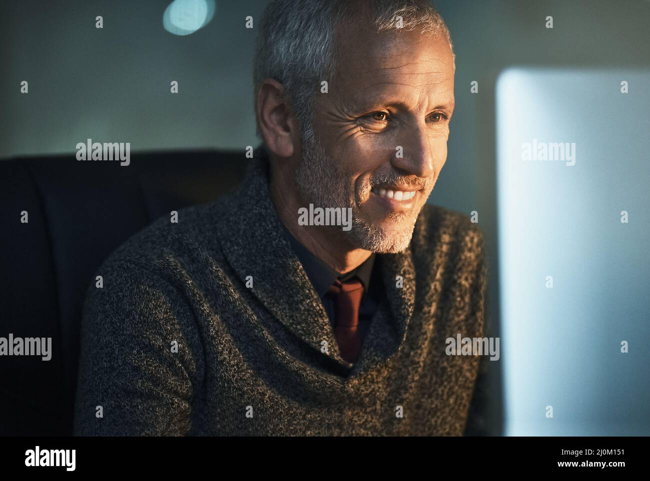 Seeing the benefit of his hard work. Cropped shot of a mature businessman working late at the office. Stock Photo