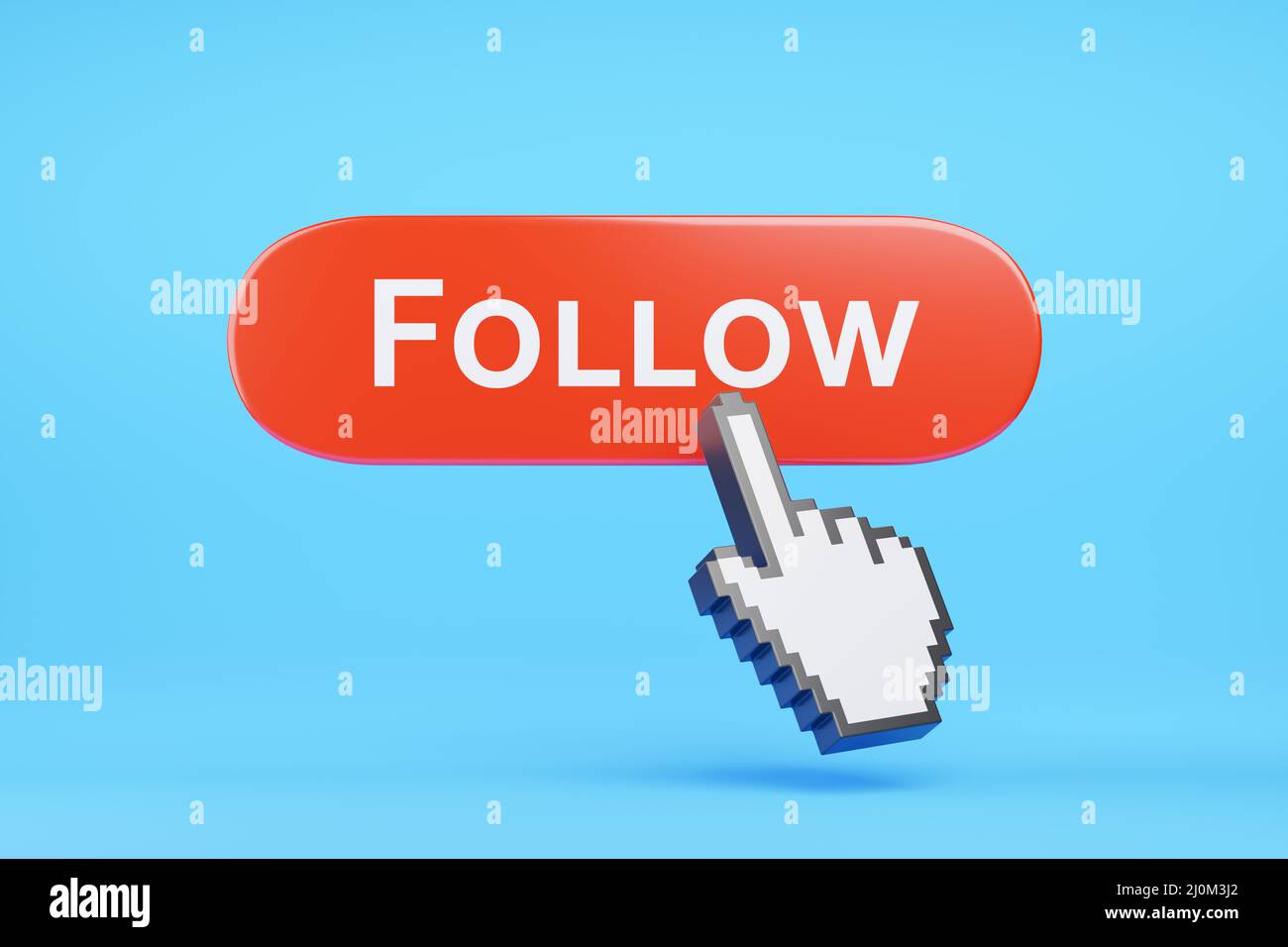 Hand cursor clicking on a follow button. 3d illustration. Stock Photo