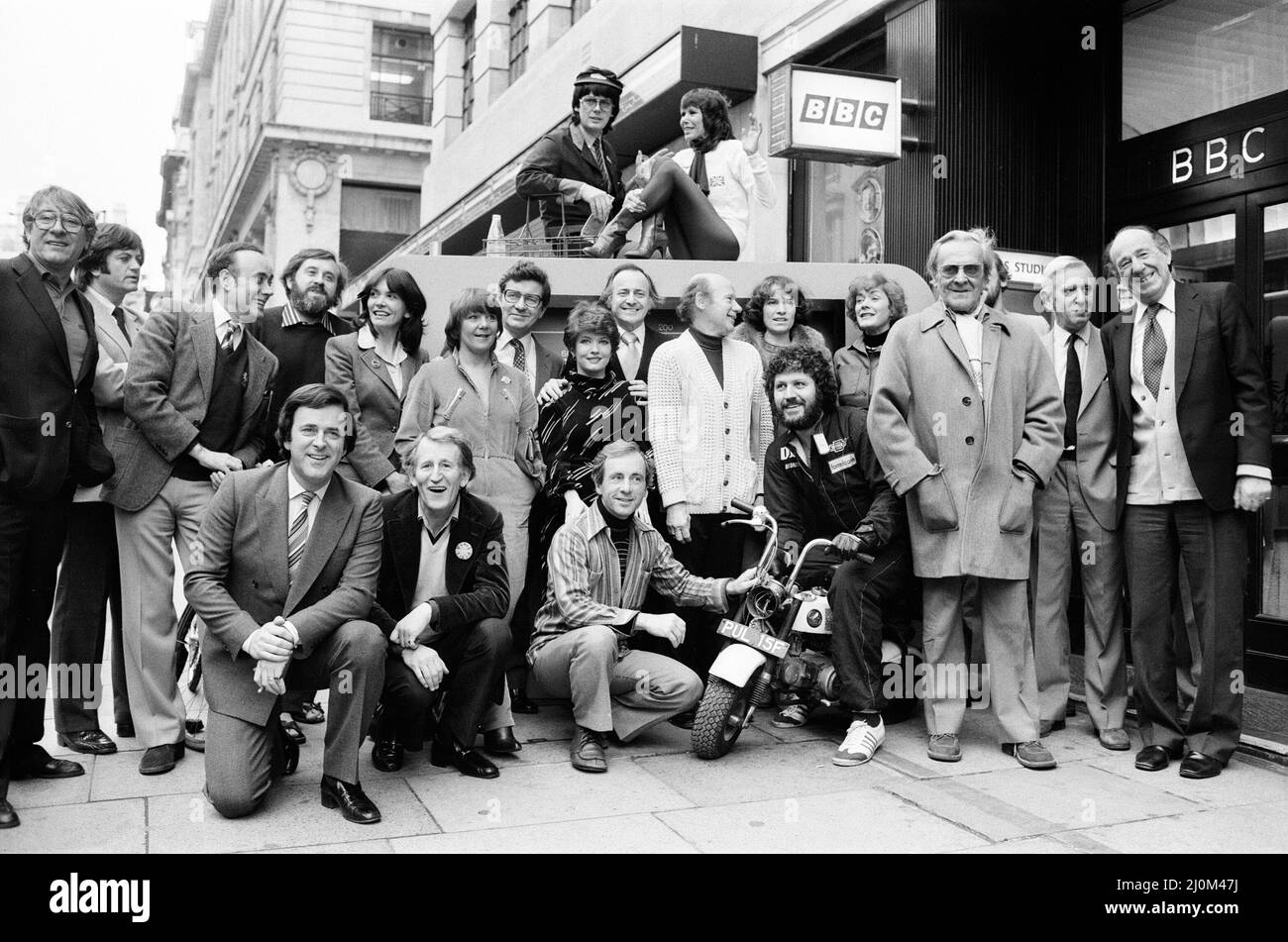 Photo-call with talent who will be appearing in BBC Radio Productions in 1981. Paris Studio, Lower Regent Street, London, 6th January 1981. DJ's pictured includes, Terry Wogan, Dave Lee Travis, Mike Reid & Judy Carne. Stock Photo
