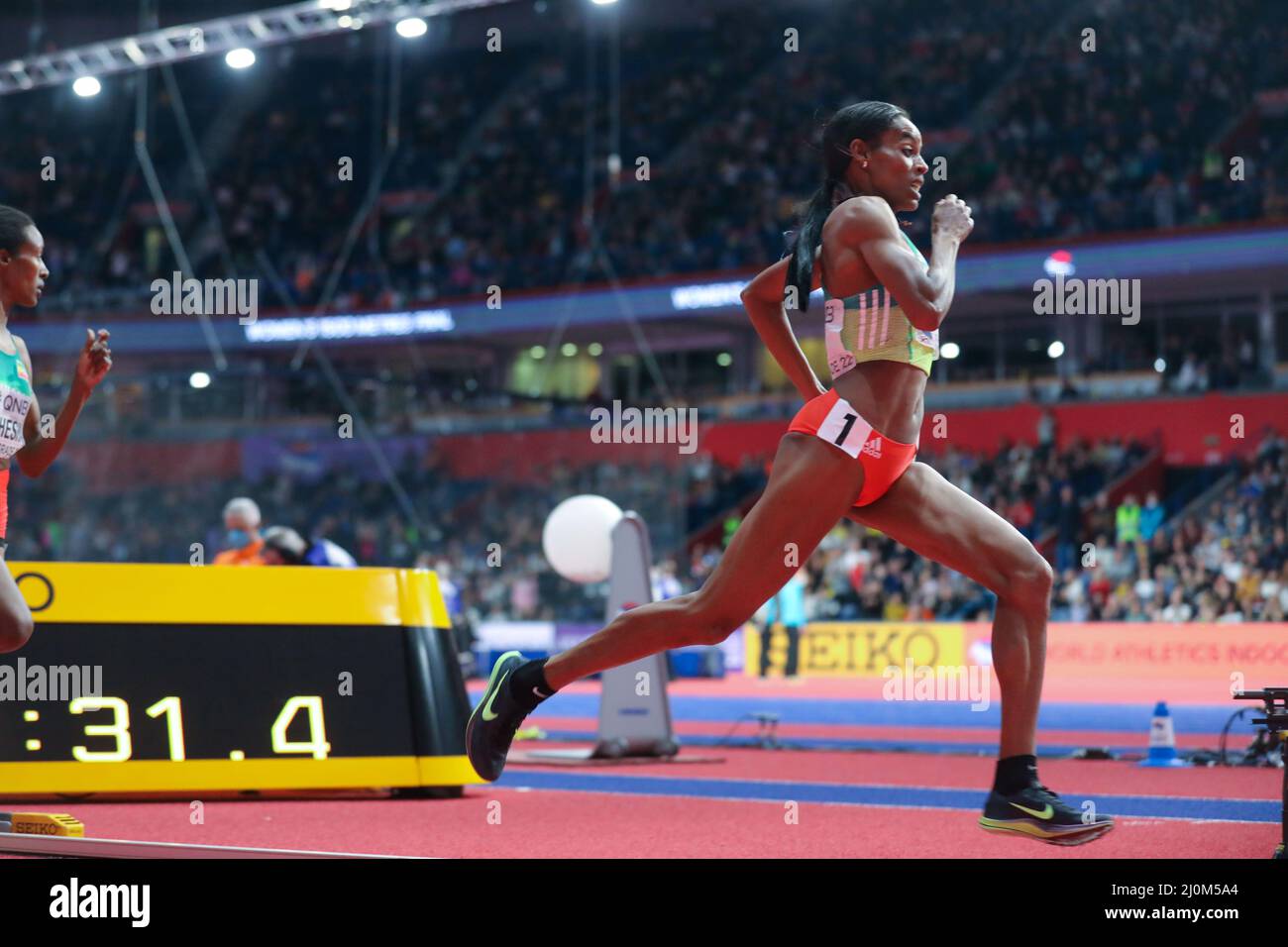 Belgrade, Serbia. 19th Mar, 2022. Axumawit Embaye of Ethiopia competes during the women's 1500m final at the World Athletics Indoor Championships Belgrade 2022 in Stark Arena, Belgrade, Serbia, March 19, 2022. Credit: Shi Zhongyu/Xinhua/Alamy Live News Stock Photo