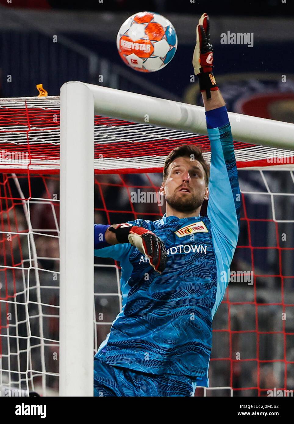 Munich, Germany. 19th Mar, 2022. Goalkeeper Andreas Luthe of Union Berlin makes a save during a German Bundesliga match between Bayern Munich and 1.FC Union Berlin in Munich, Germany, March 19, 2022. Credit: Philippe Ruiz/Xinhua/Alamy Live News Stock Photo