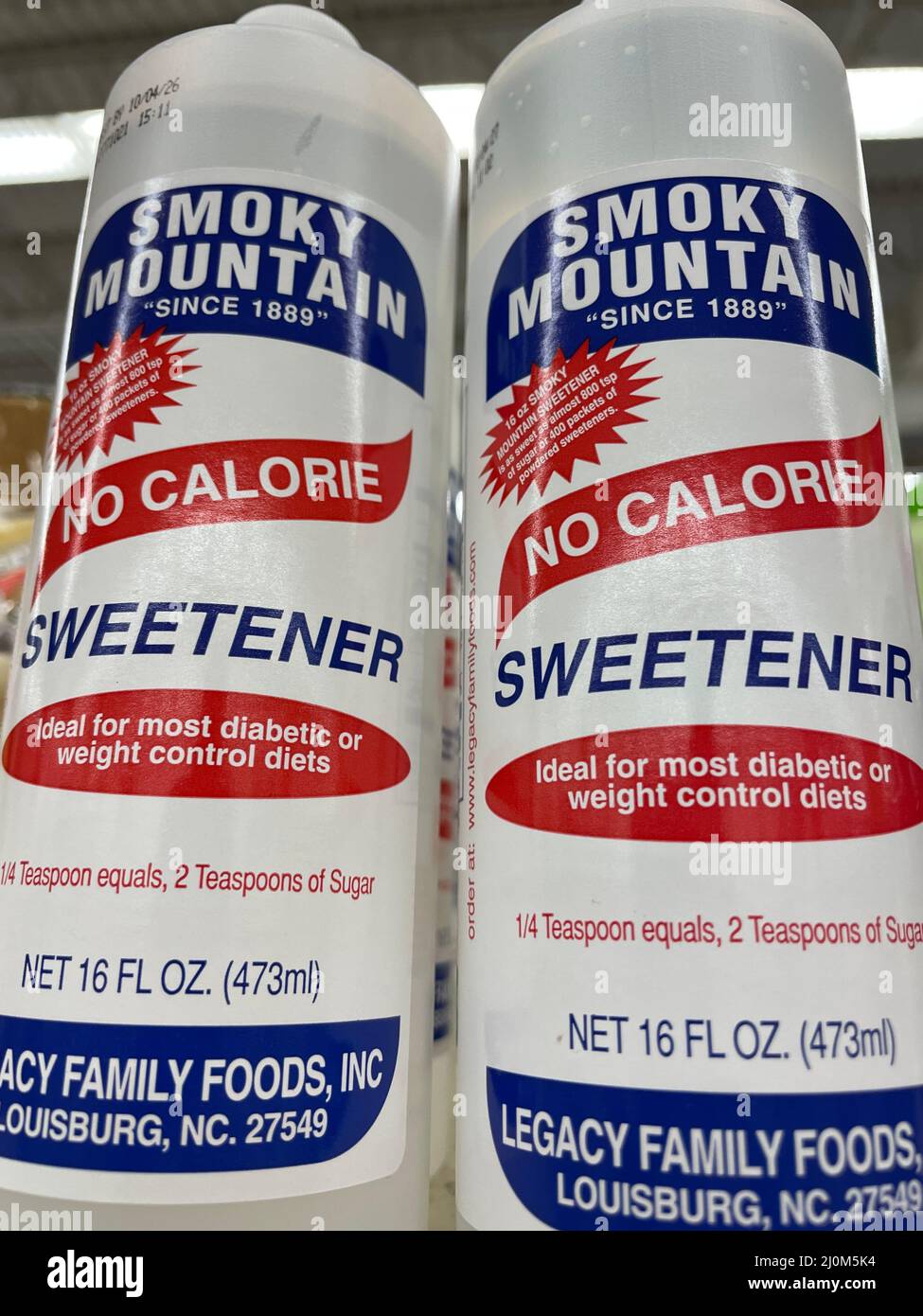 Grovetown, Ga USA - 03 13 22: Artificial sweeteners on retail store shelf Smokey Mountain no calorie sweetener Stock Photo