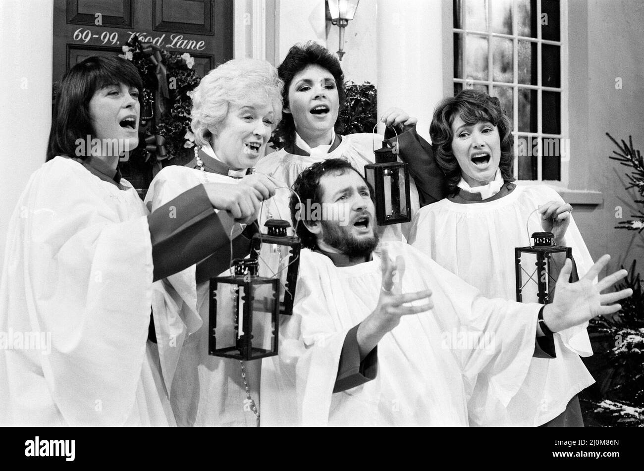 BBC Photo-call to announce this years Christmas line-up and television schedule, BBC Studios, London, 2nd December 1981. Pictured, Isla St Clair, June Whitfield, Dana Rosemary Scallon, Jan Leeming and DJ Kenny Everett. Stock Photo