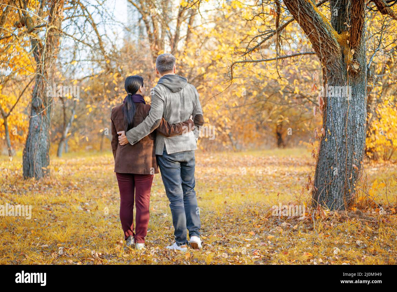 Nice Pair Admires the Amazing Fall Nature Around. Couple Enjoying One Another And the Good Weather Outside. Standing Back to Cam Stock Photo