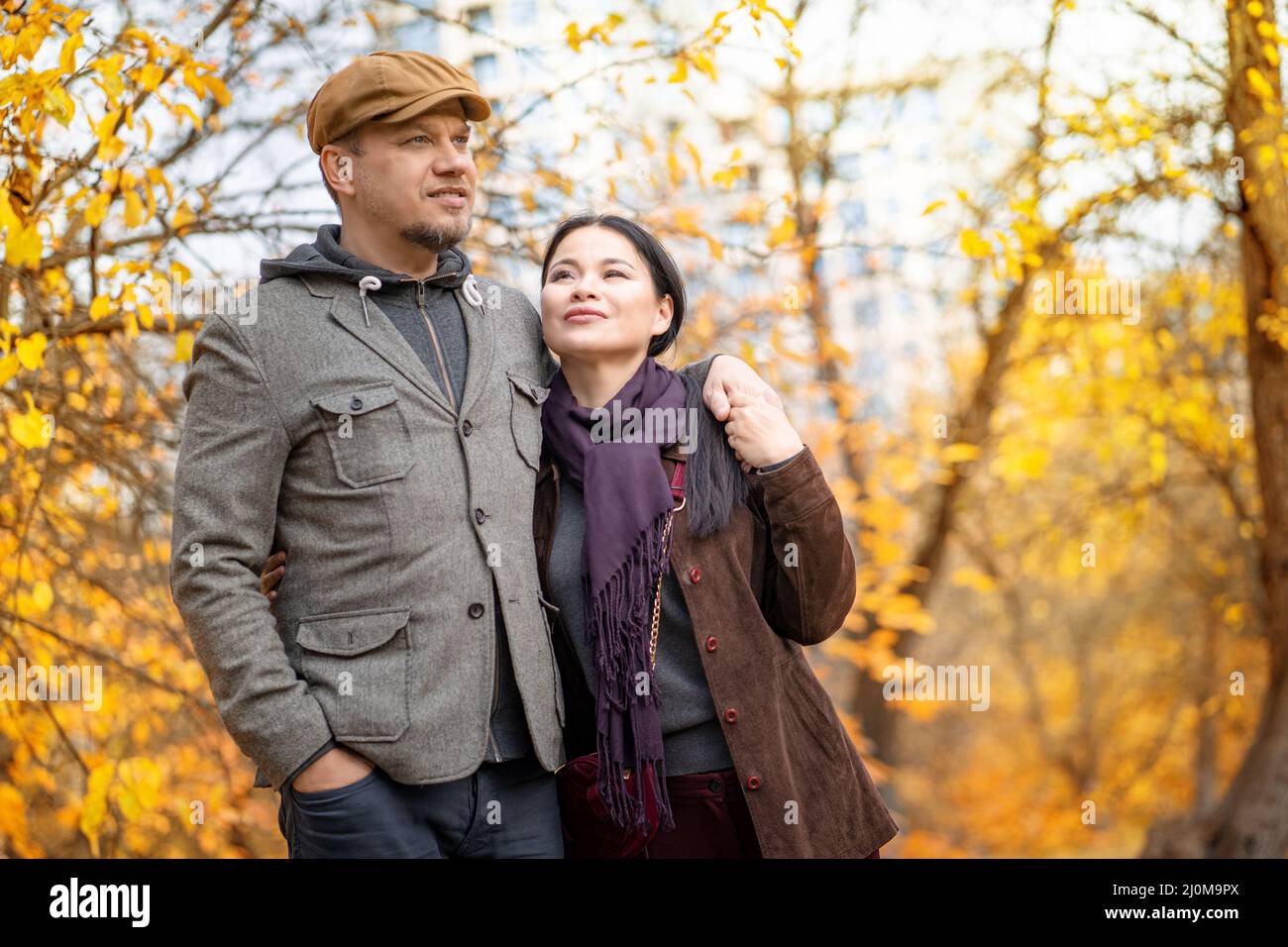 Fall Caucasian Pair is Walking Through the Fall Forest. Casual Couple Walks Under Leaf Fall in October. Close-up. Fall foliage b Stock Photo