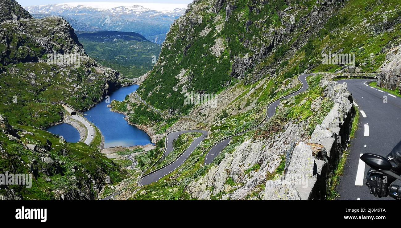 Riding a scenic old mountainroad on Ducatis (Gamle Haukeliveien) Stock Photo