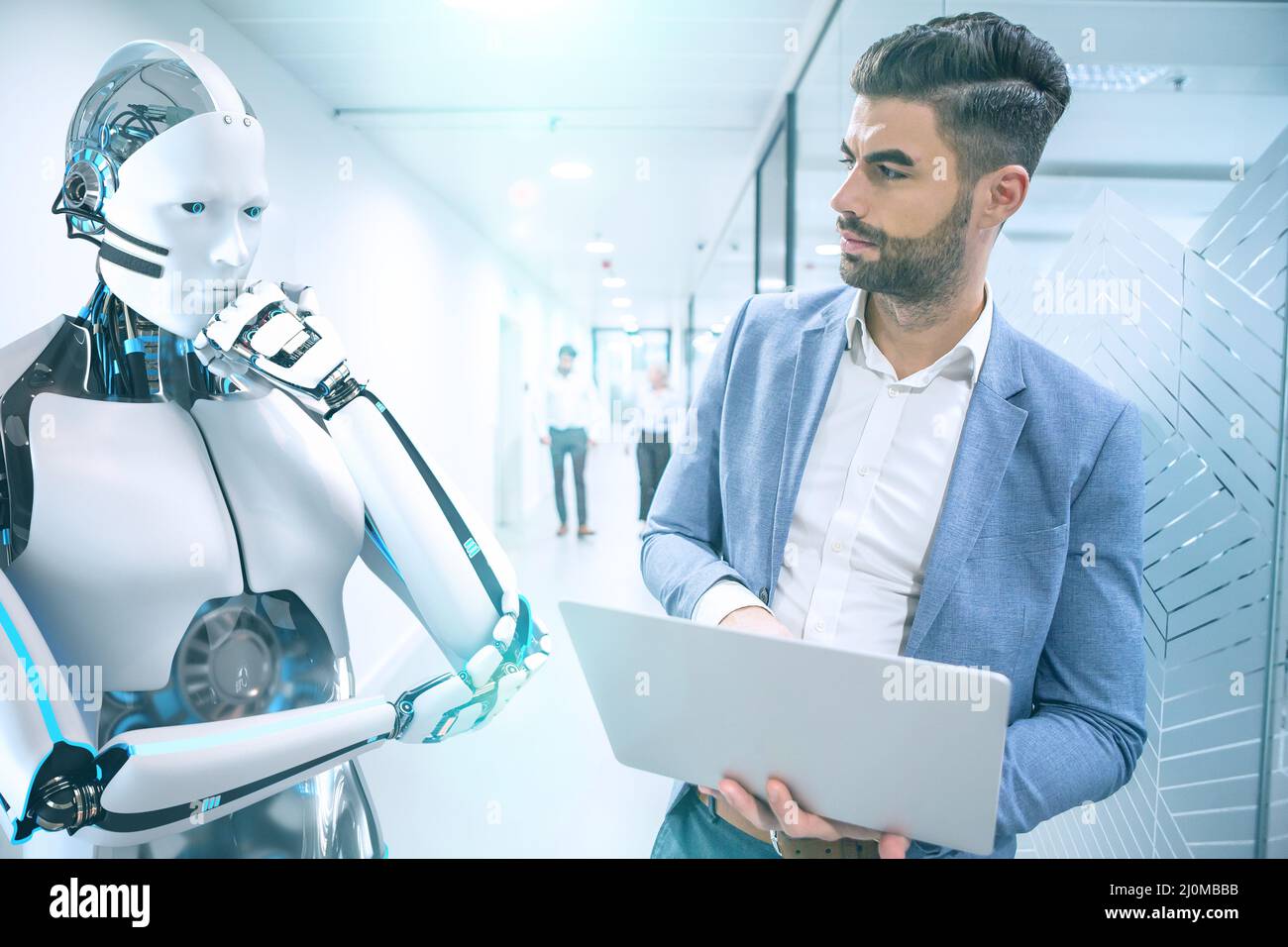 Businessman and humanoid robot solving problems Stock Photo