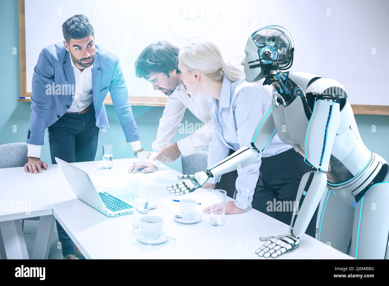 Businessmen with humanoid robot working Stock Photo