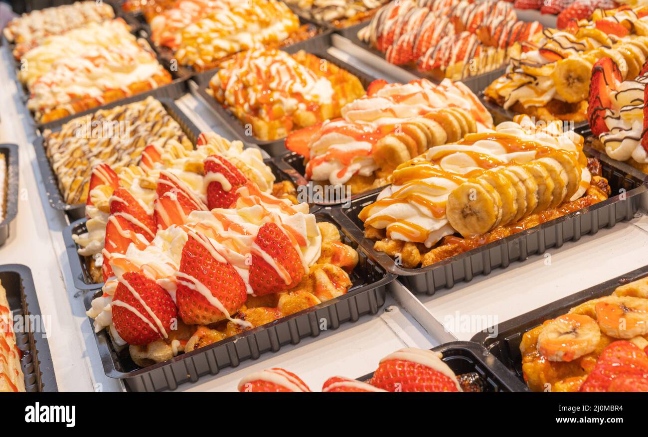 Traditional Belgian waffles on showcase. Brussels Stock Photo Alamy