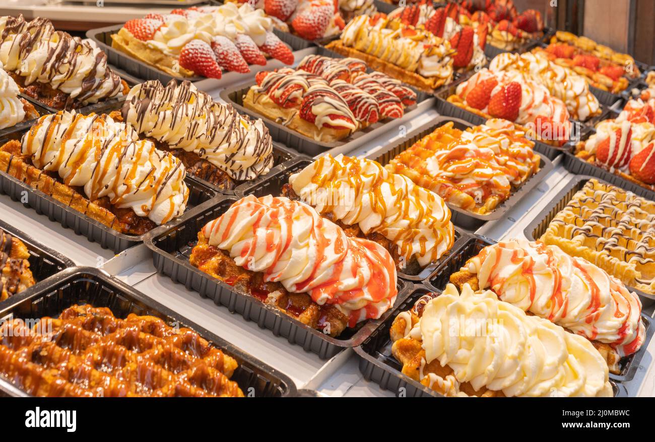 Traditional Belgian waffles on showcase. Brussels Stock Photo Alamy