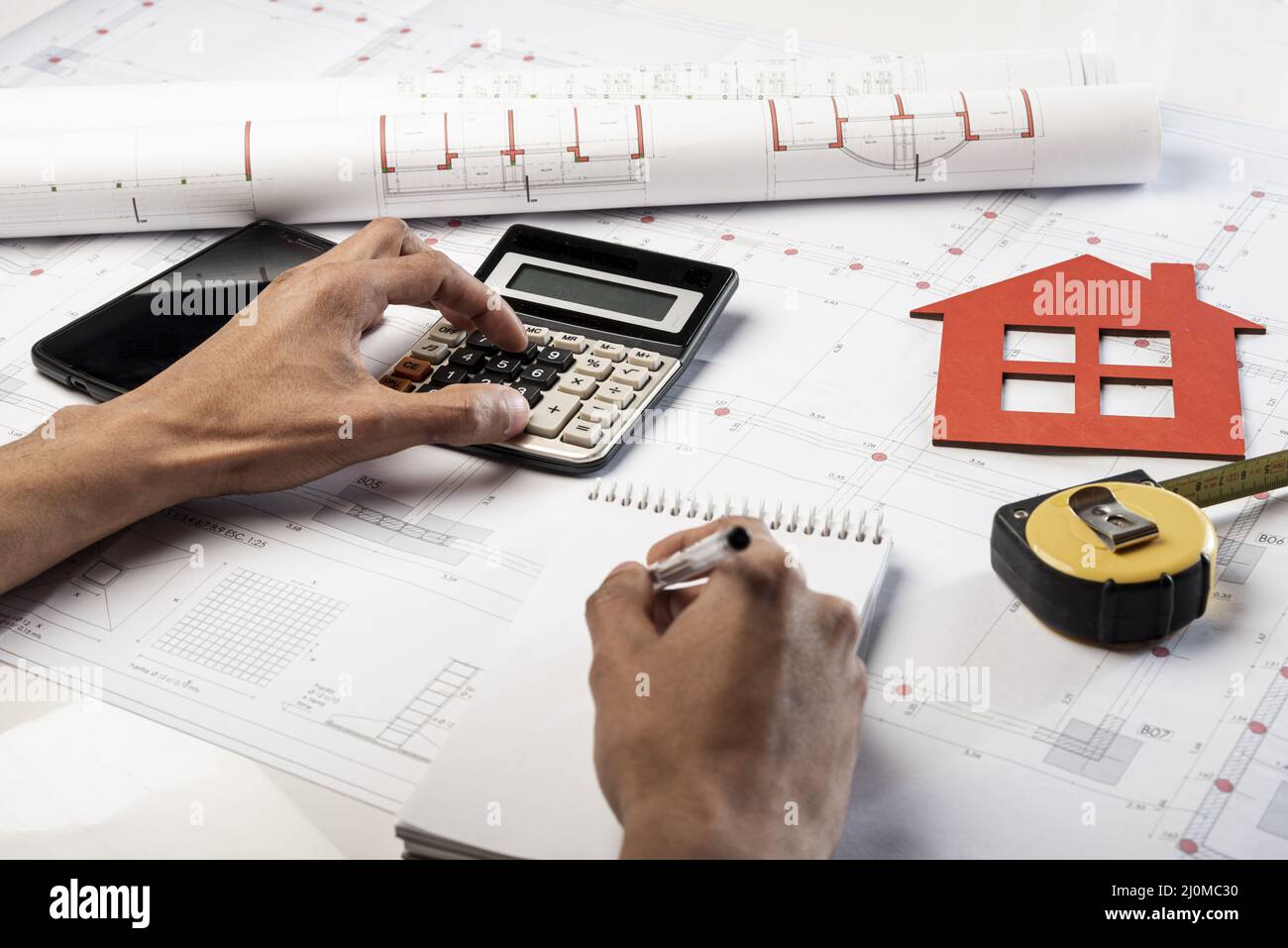 High view hands stationery items Stock Photo