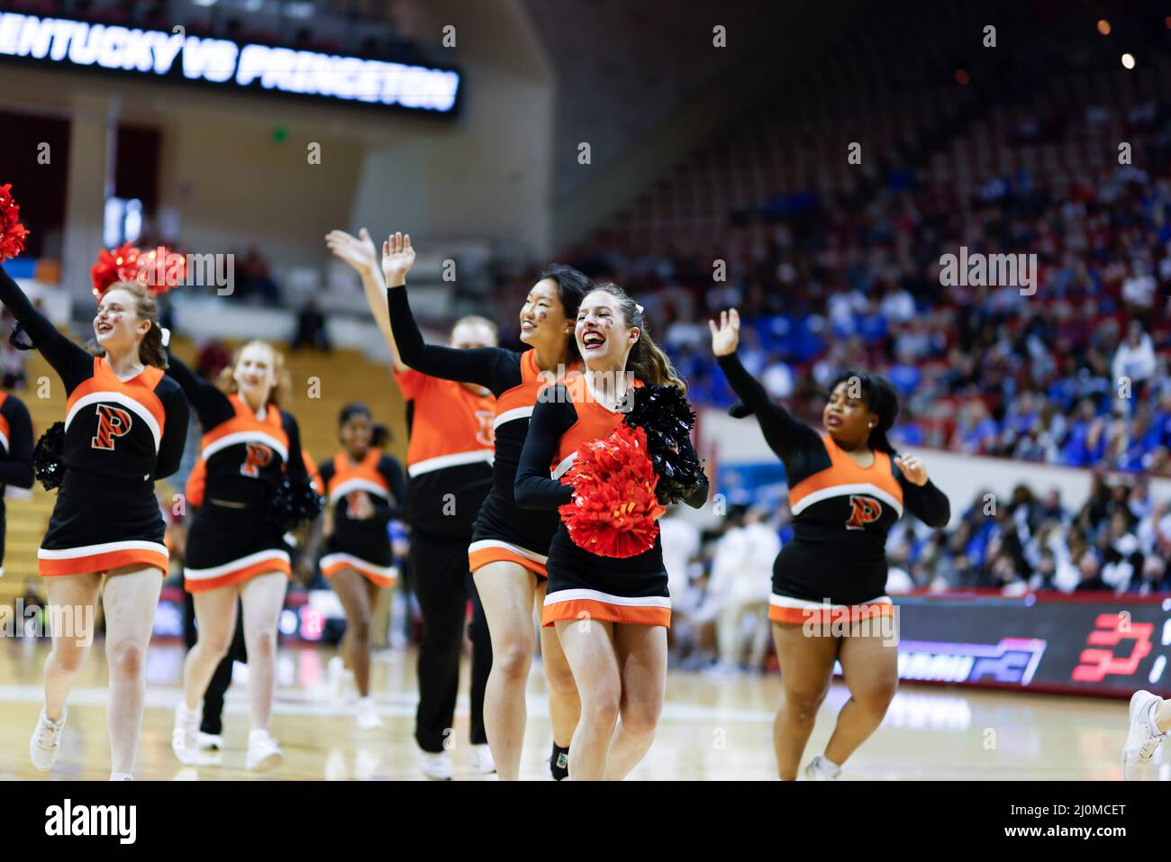 Bloomington, United States. 19th Mar, 2022. Princeton cheerleaders cheer against Kentucky during round 1 of the NCAA 2022 Division 1 Women's Basketball Championship, at Simon Skjodt Assembly Hall in Bloomington. Princeton beat Kentucky 69-62. (Photo by Jeremy Hogan/SOPA Images/Sipa USA) Credit: Sipa USA/Alamy Live News Stock Photo