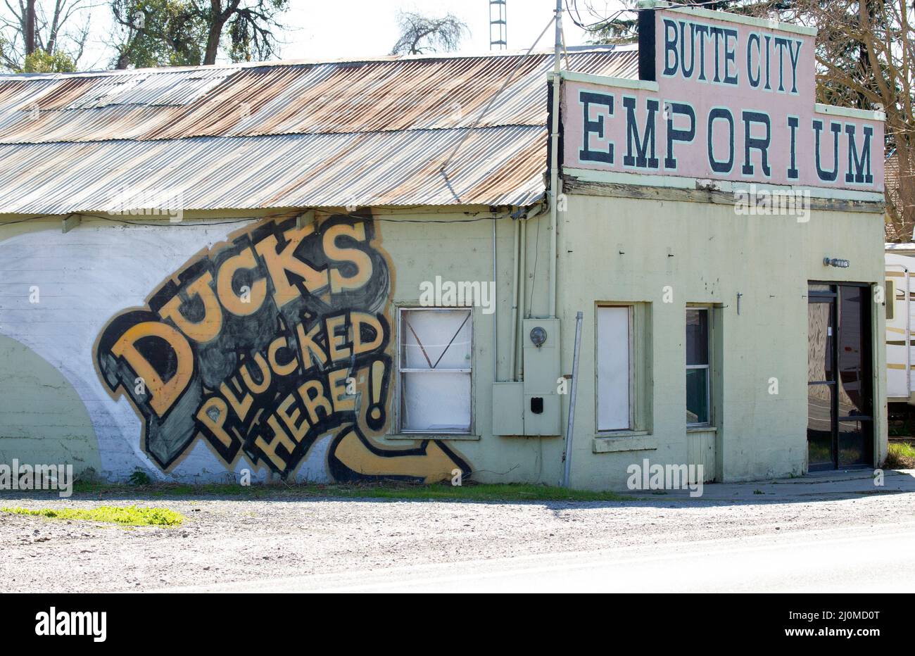 Ducks Plucked Here Sign on Side of Building Stock Photo