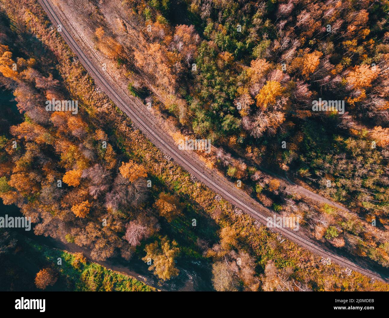 Aerial view of autumn countryside with railway Stock Photo