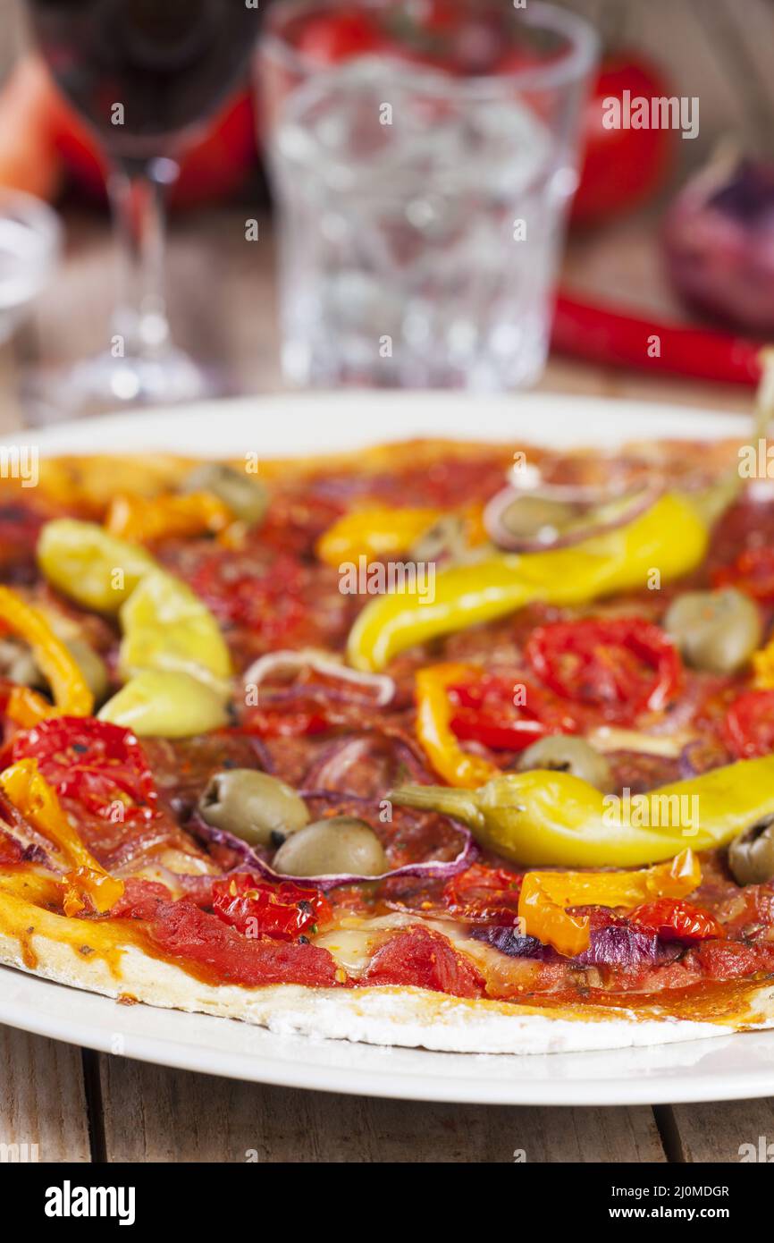 Detail of a pizza with pepperoni Stock Photo