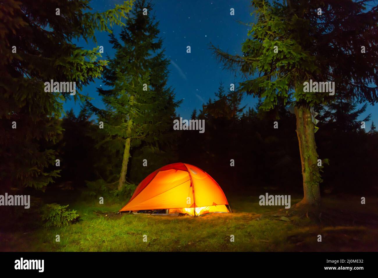 Illuminated tent in night forest Stock Photo