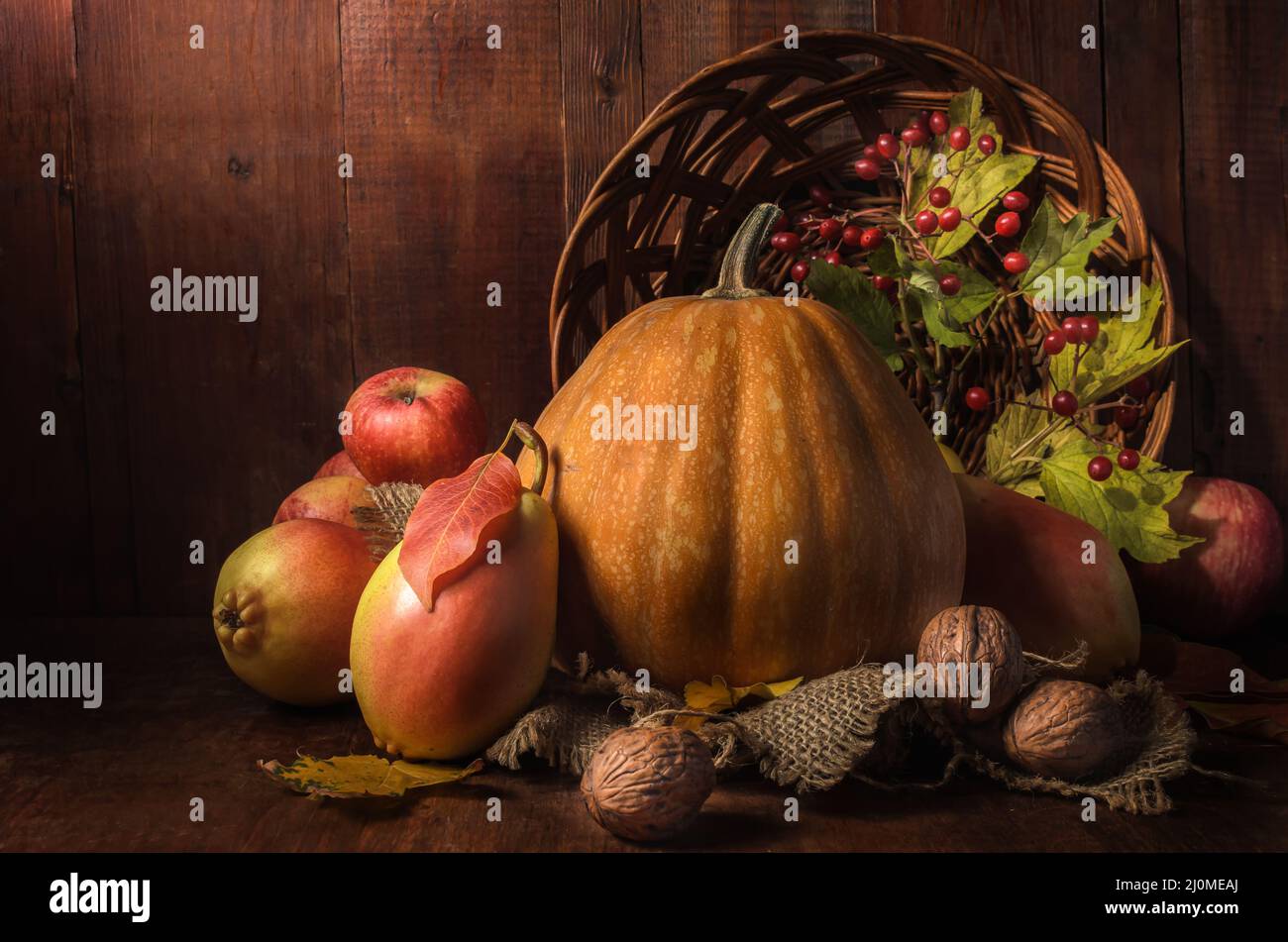 Pumpkin and fruits in bulk on a dark wooden background in a rustic style Stock Photo