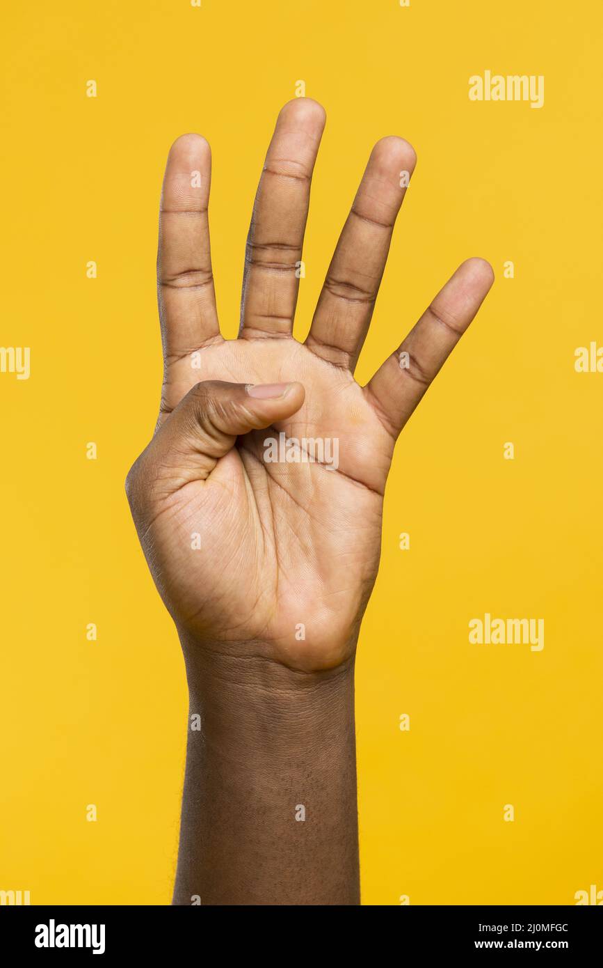 Hand showing four fingers Stock Photo Alamy