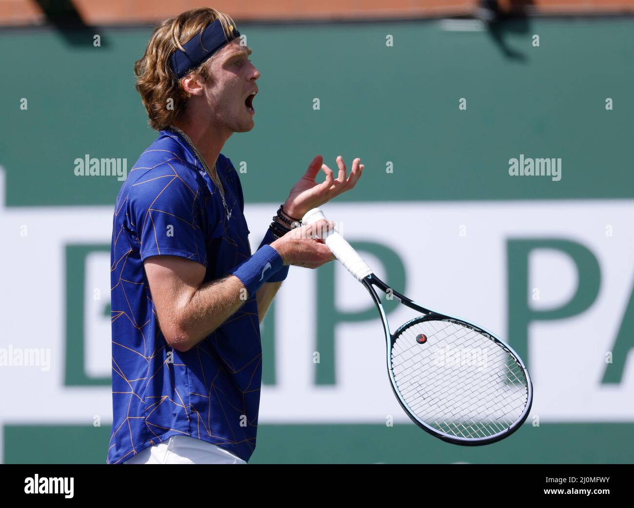 March 19, 2022 Andrey Rublev of Russia reacts losing a point against Taylor Fritz during the