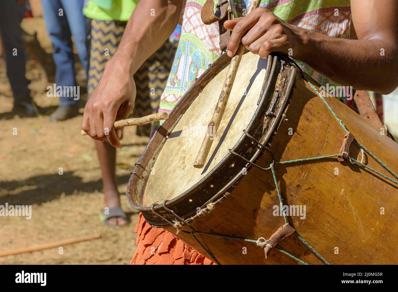 Ethnic and rustic handmade drums in a religious festival Stock Photo