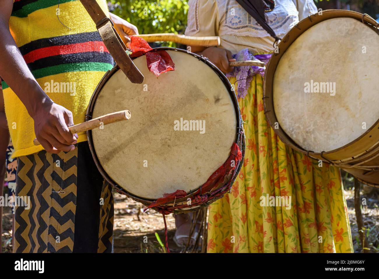 Ethnic and rudimentary drums in a religious festival Stock Photo