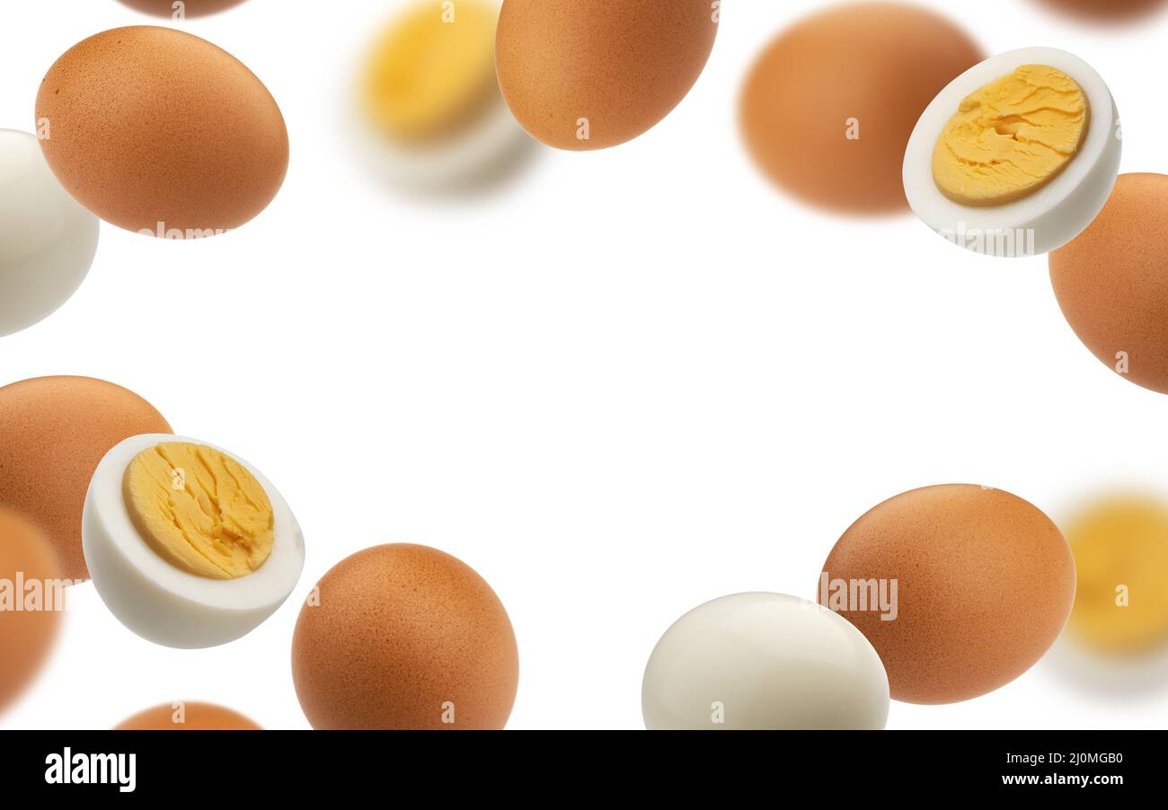 Hard boiled chicken eggs isolated on white background Stock Photo